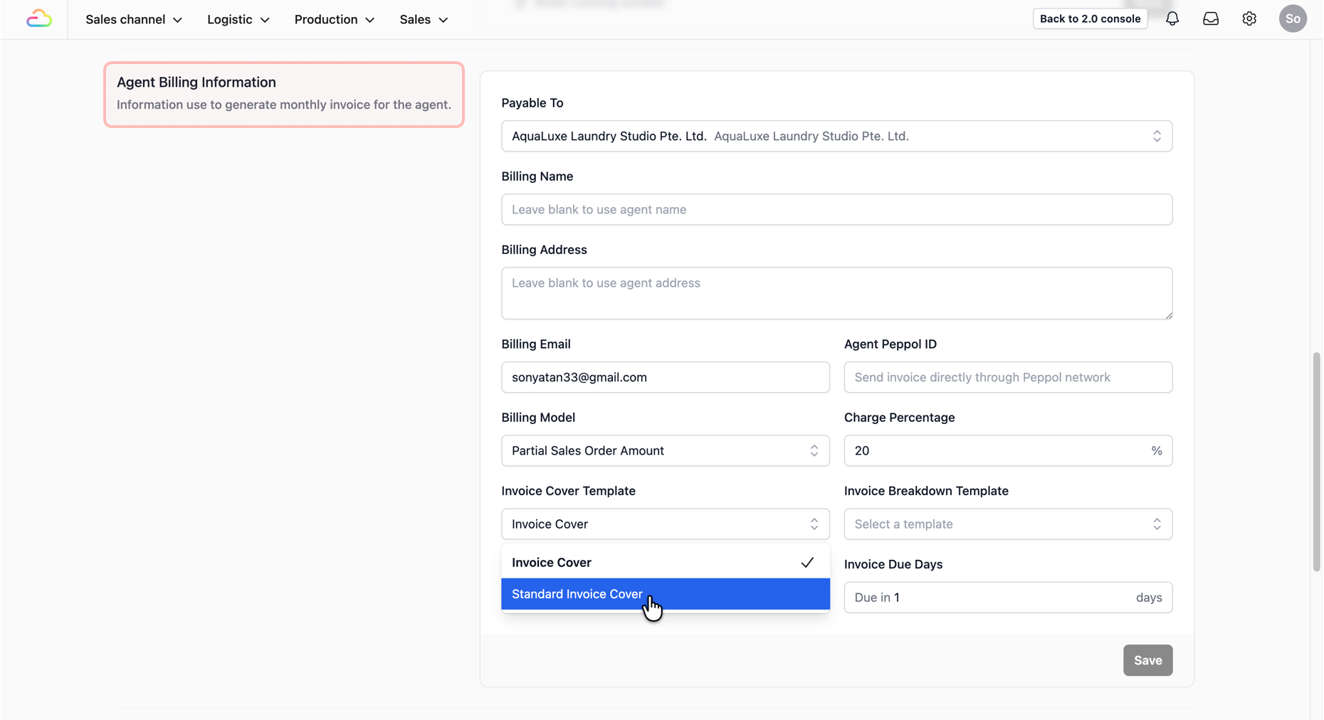 Scroll down the profile page until you locate the Agent Billing Information section. Under the Invoice Cover Template field, click the dropdown box and select your newly created Invoice Cover Template.