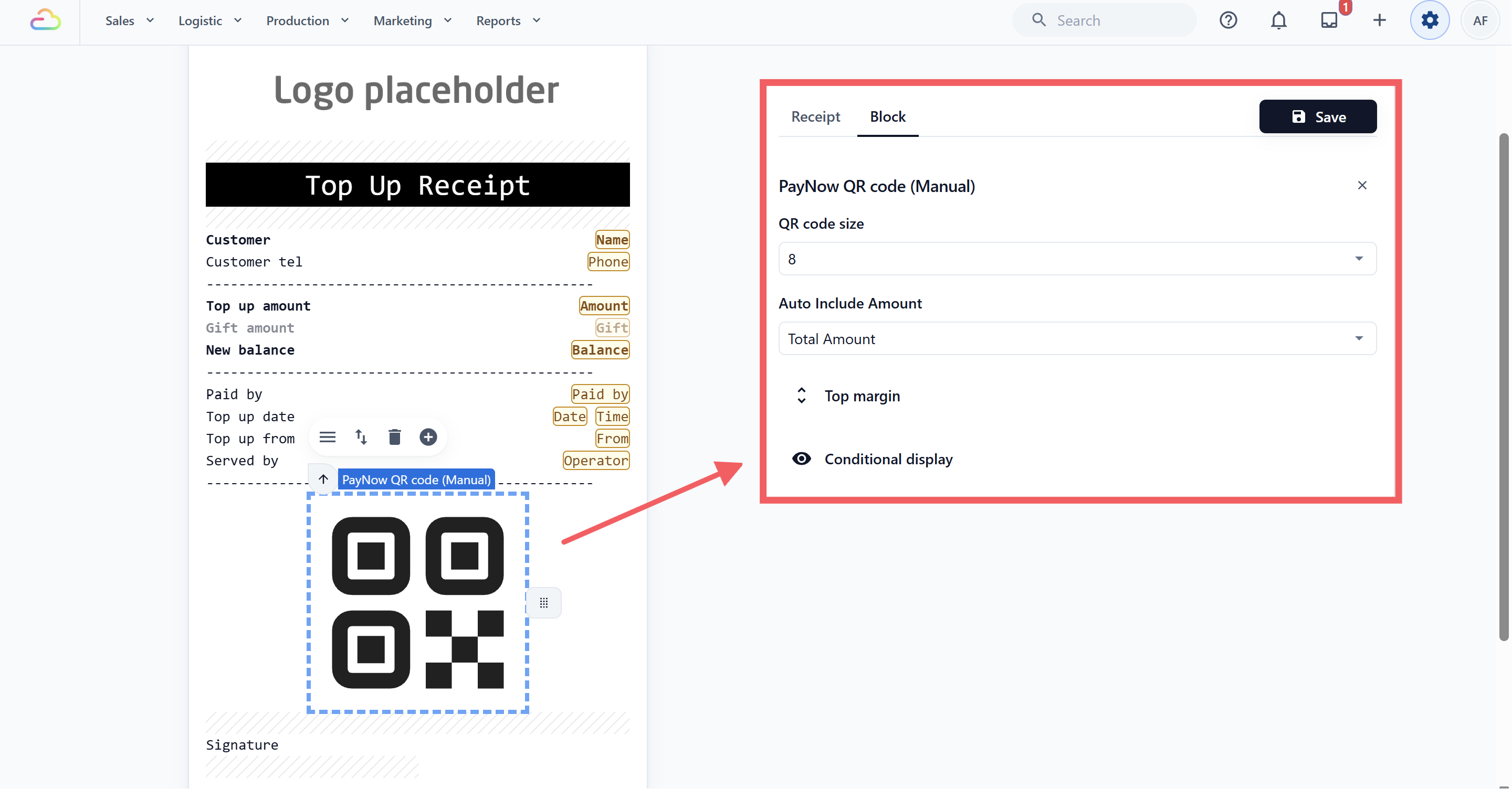 Add the PAYNOW QR Code (Manual) block and set its size and amount.