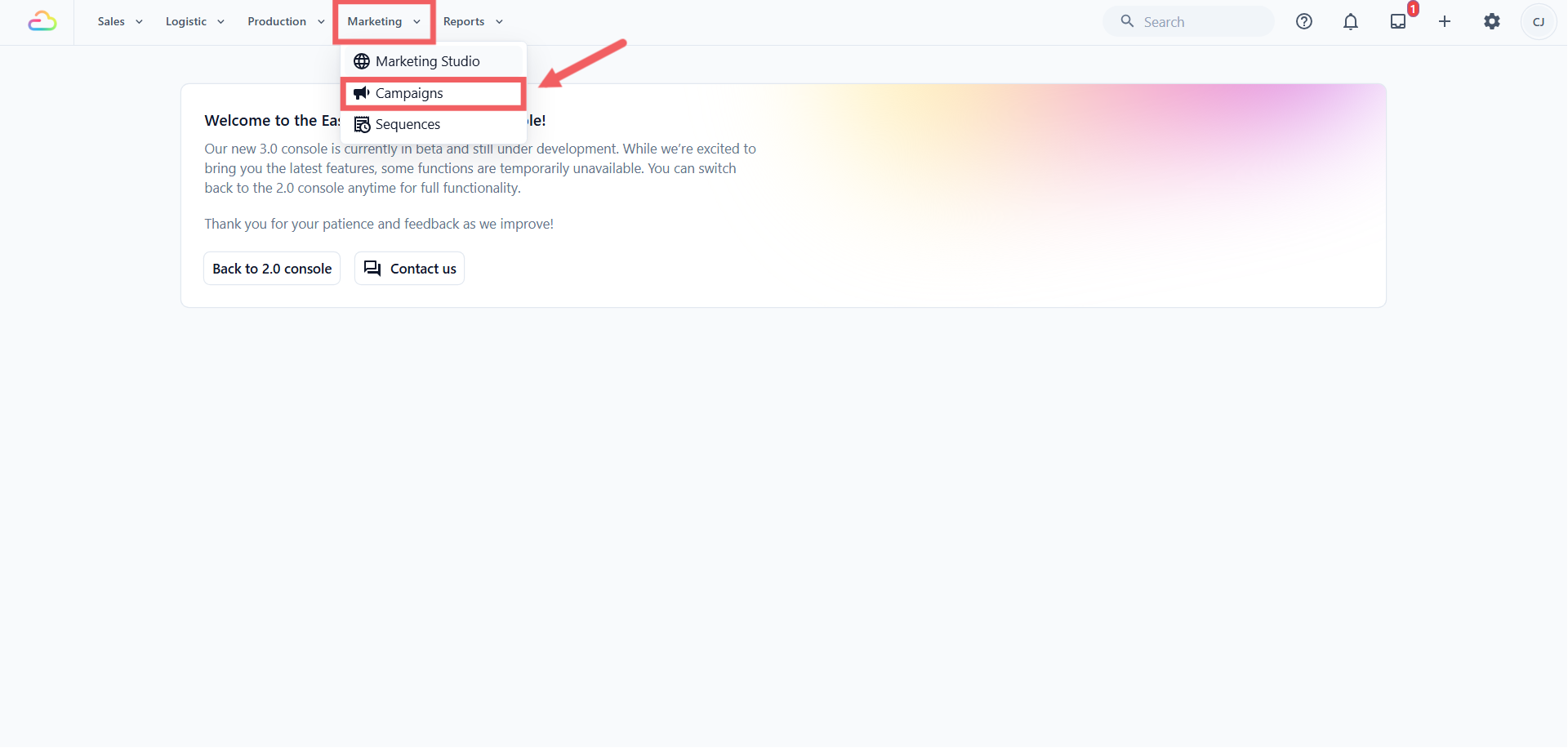 Click the Marketing then Campaigns from the top navigation