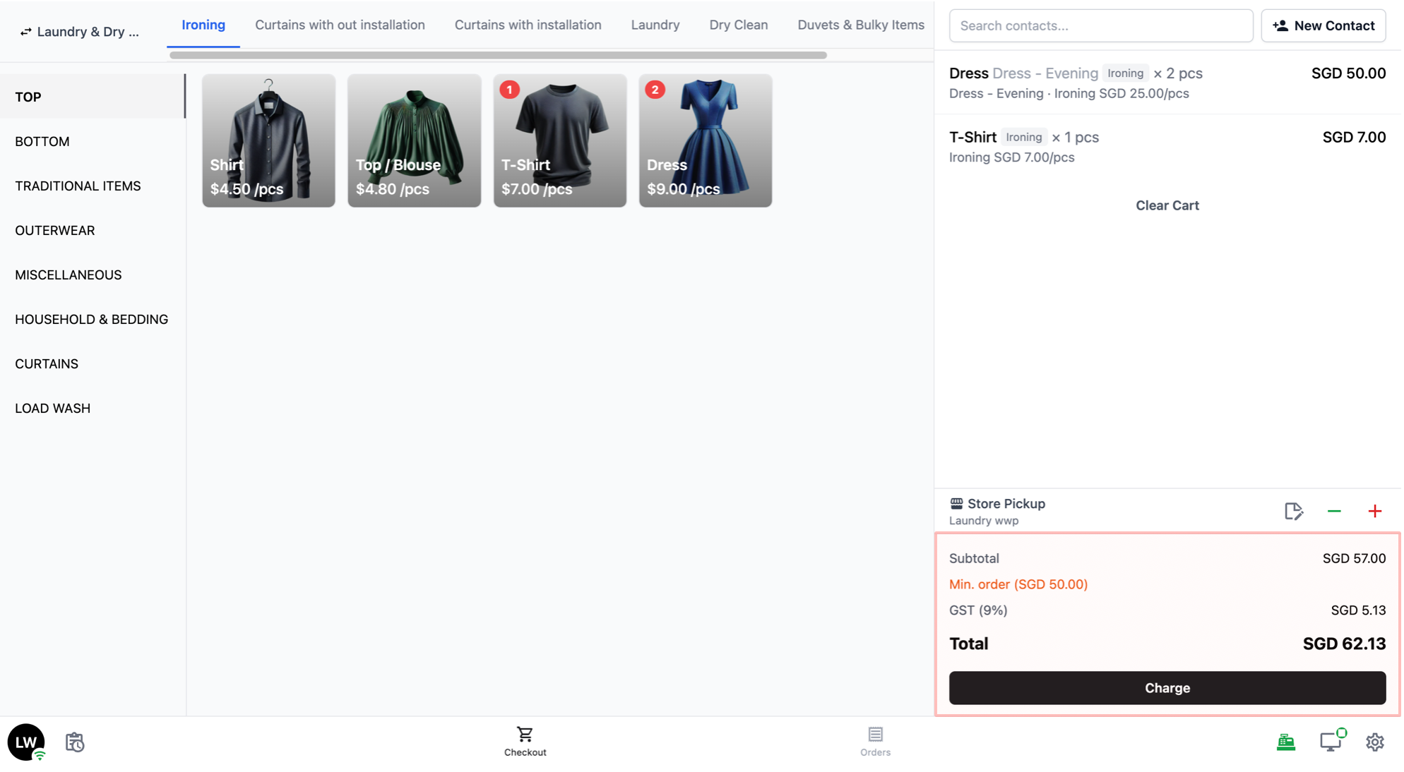 Totals and Charge: At the bottom of the cart, you will see a breakdown of the order total. Below that is the Charge button. Tap this to proceed to the payment screen.