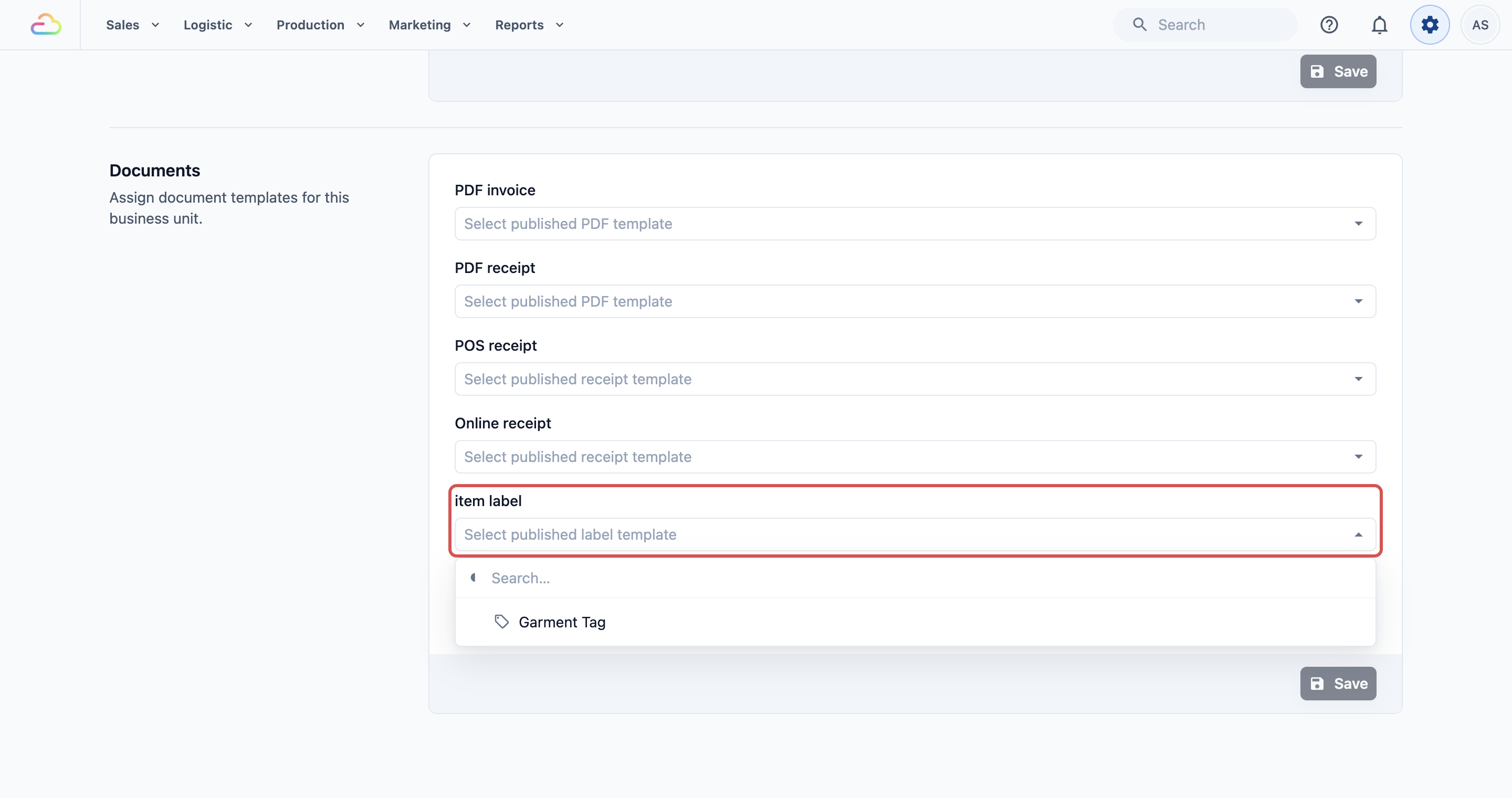 The business unit Documents section with the item label field highlighted