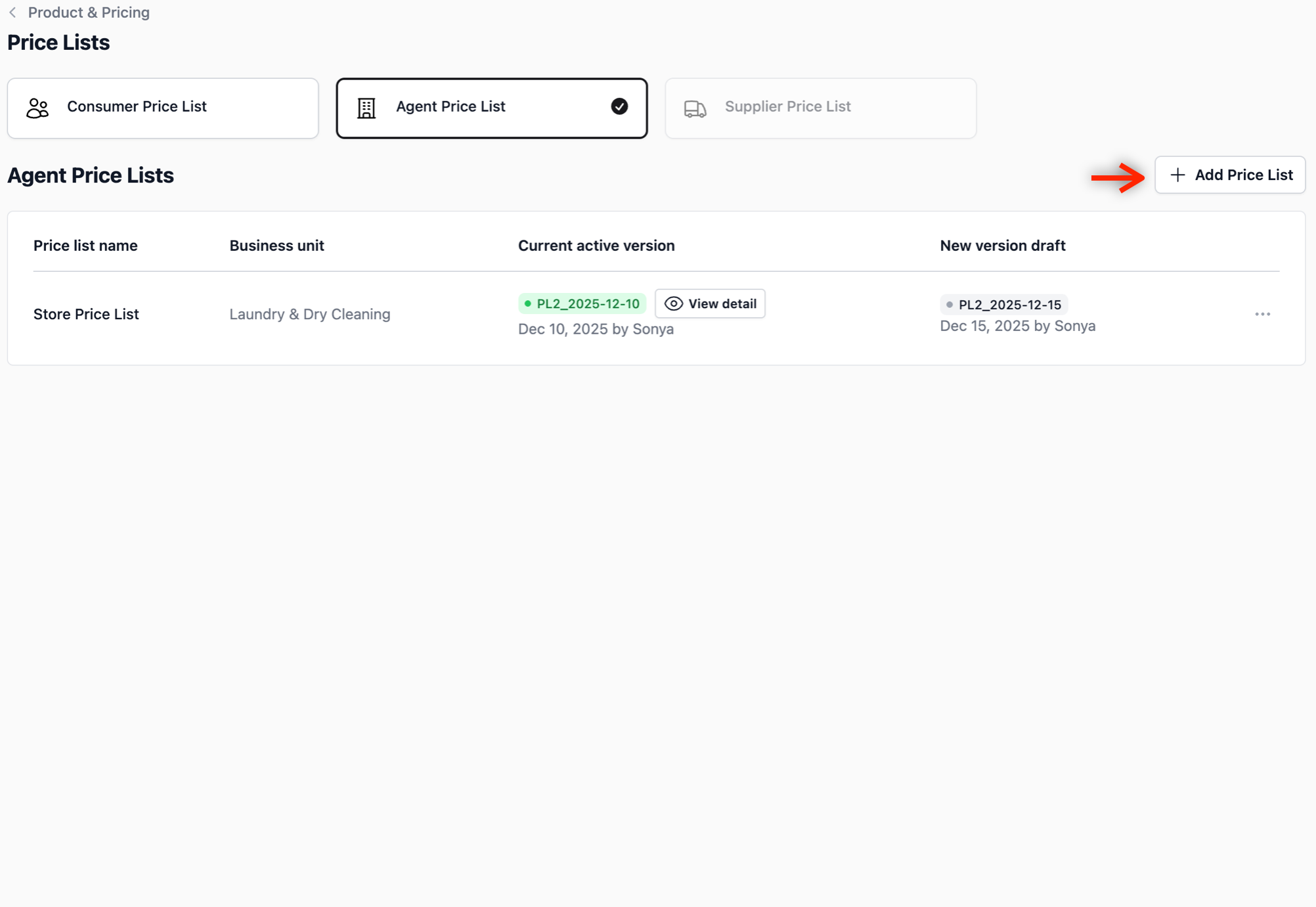 To create a new agent price list in EasyBiz Cloud, click on the + Add Price List button. A pop-up will appear for you to configure the initial setup of your list.