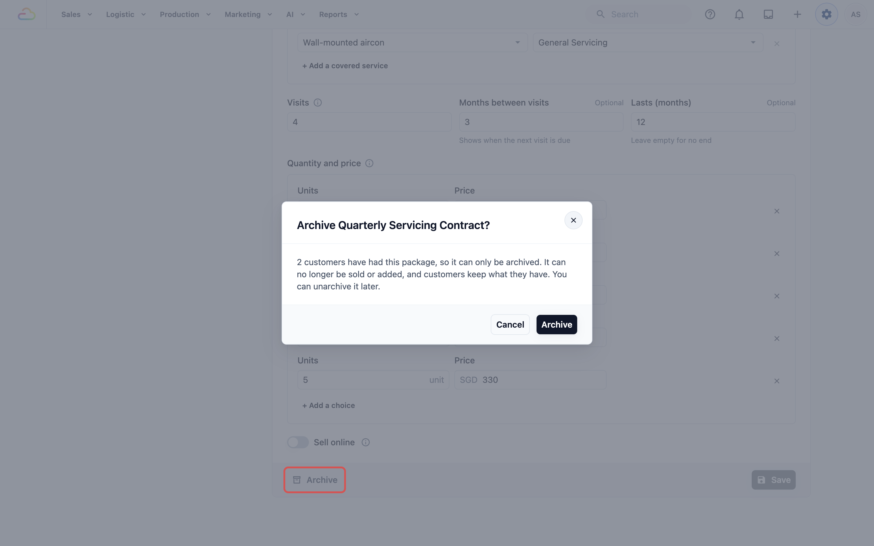 Settings › Prepaid Packages with Quarterly Servicing Contract open: Archive at the bottom left is marked and the box says 2 customers have had this package, so it can only be archived, and customers keep what they have