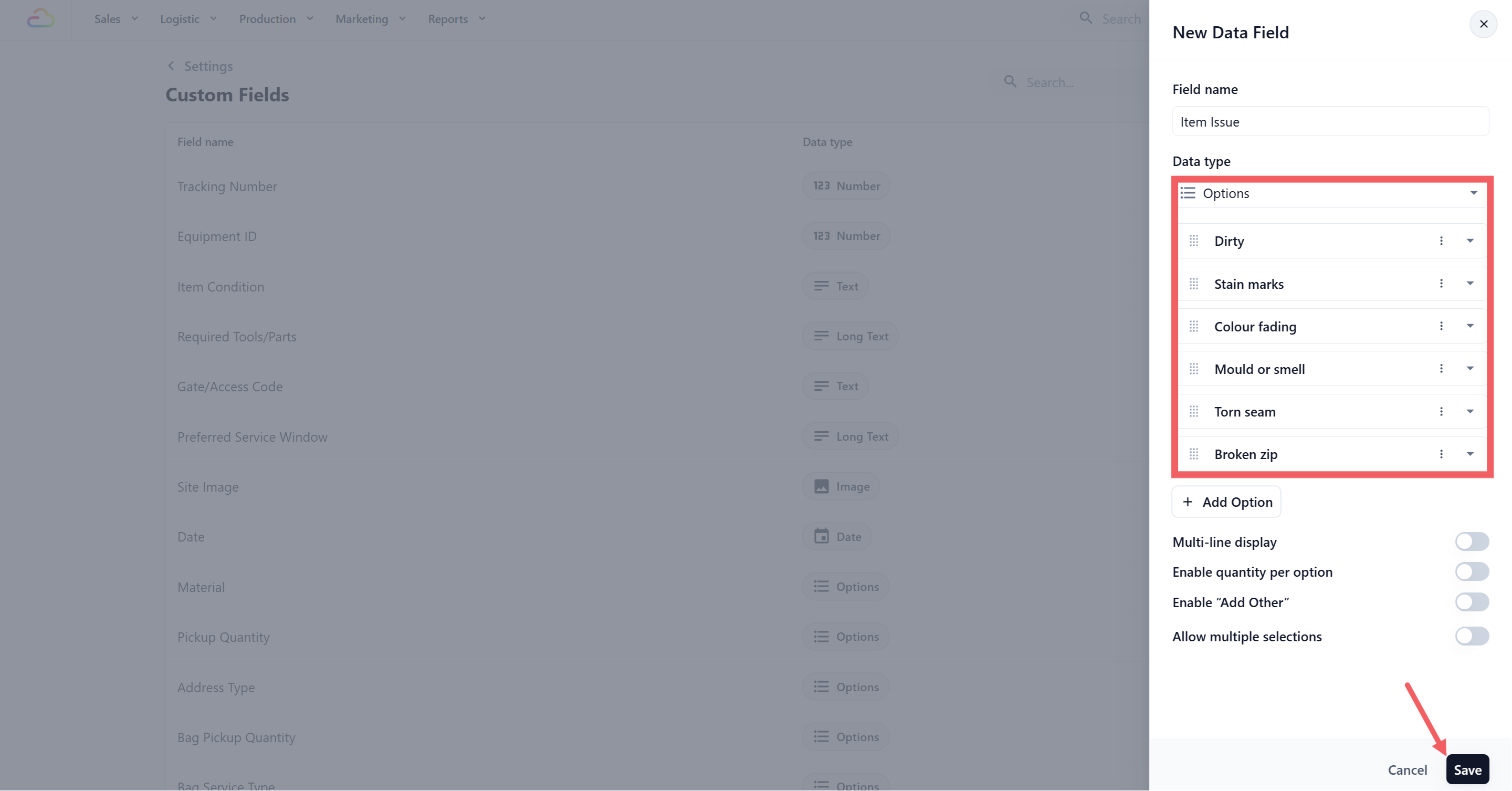 The Add Data Field drawer under Settings, Library, Custom Fields, with Item Issue named, Options selected as the Data type, and the choices listed