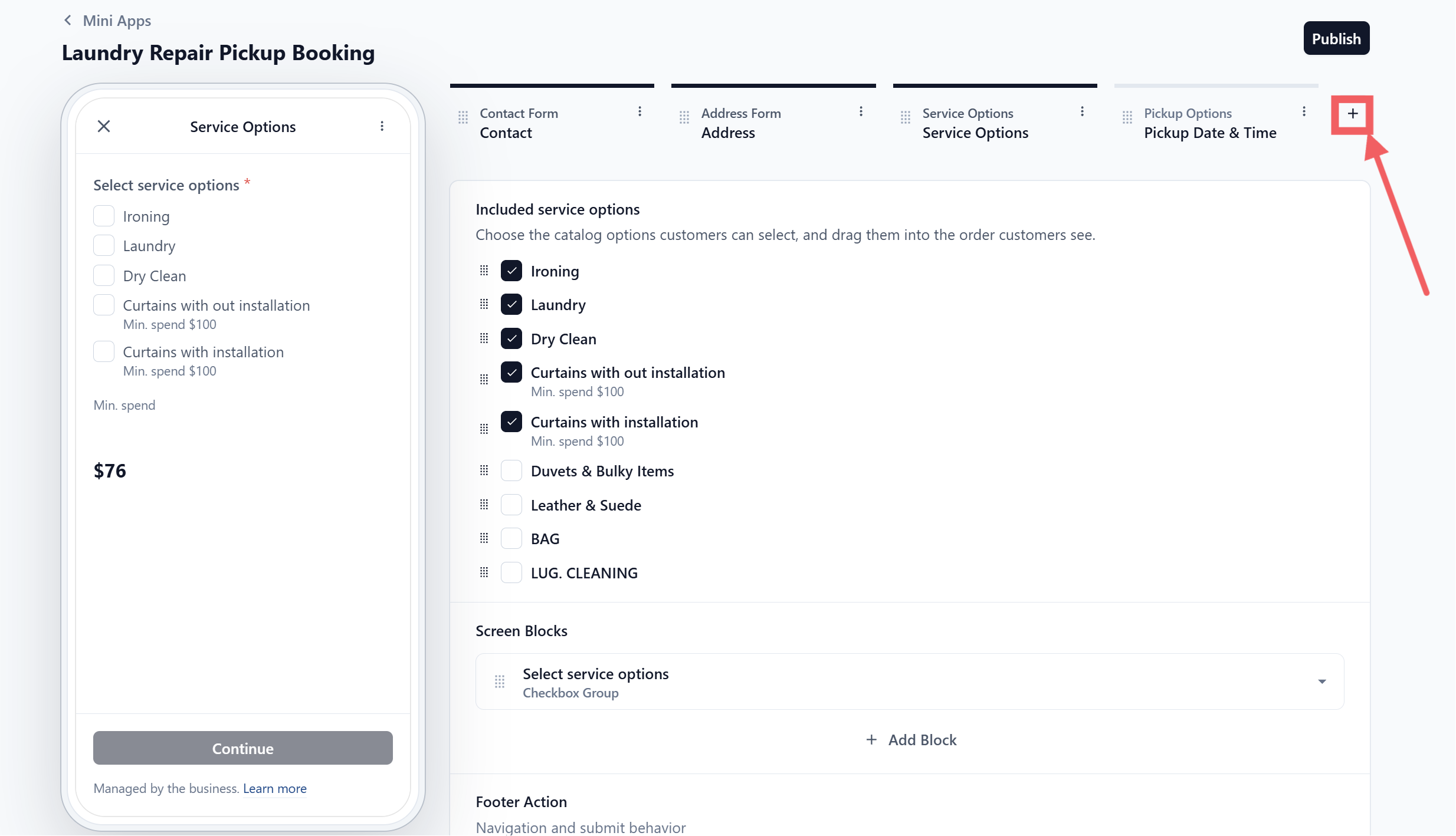 Click the + button at the end of the screen row to add a screen.