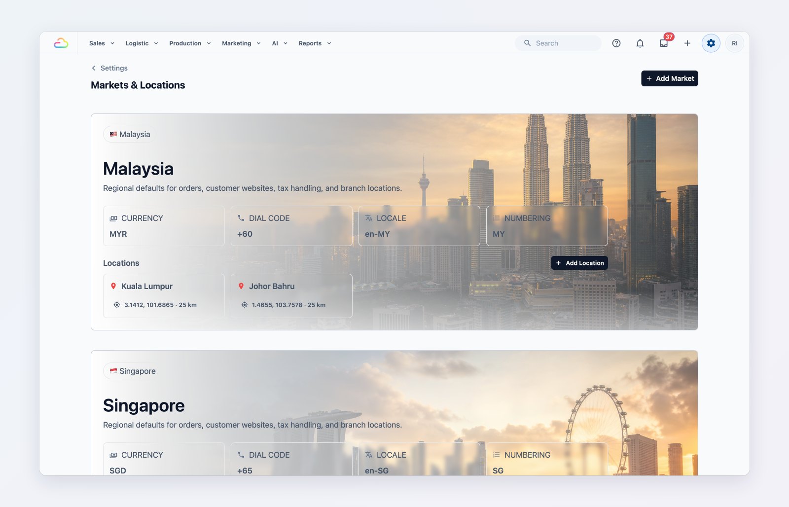 The Markets &amp; Locations page listing a Singapore and a Malaysia market, each with its currency and locations