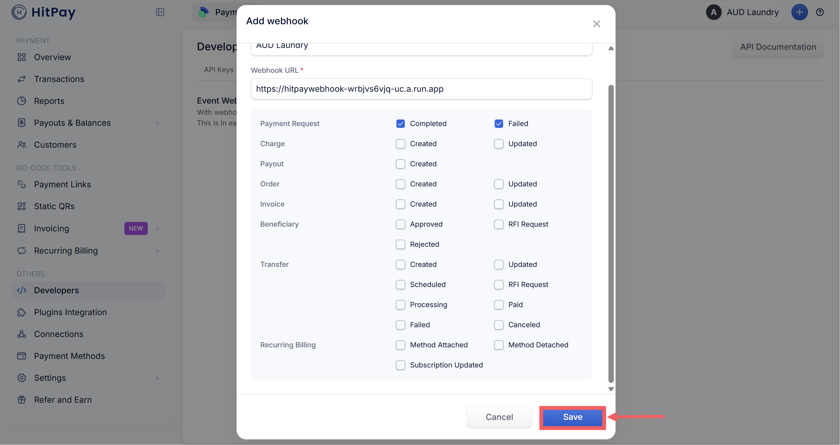 Under Payment Request, tick both Completed and Failed