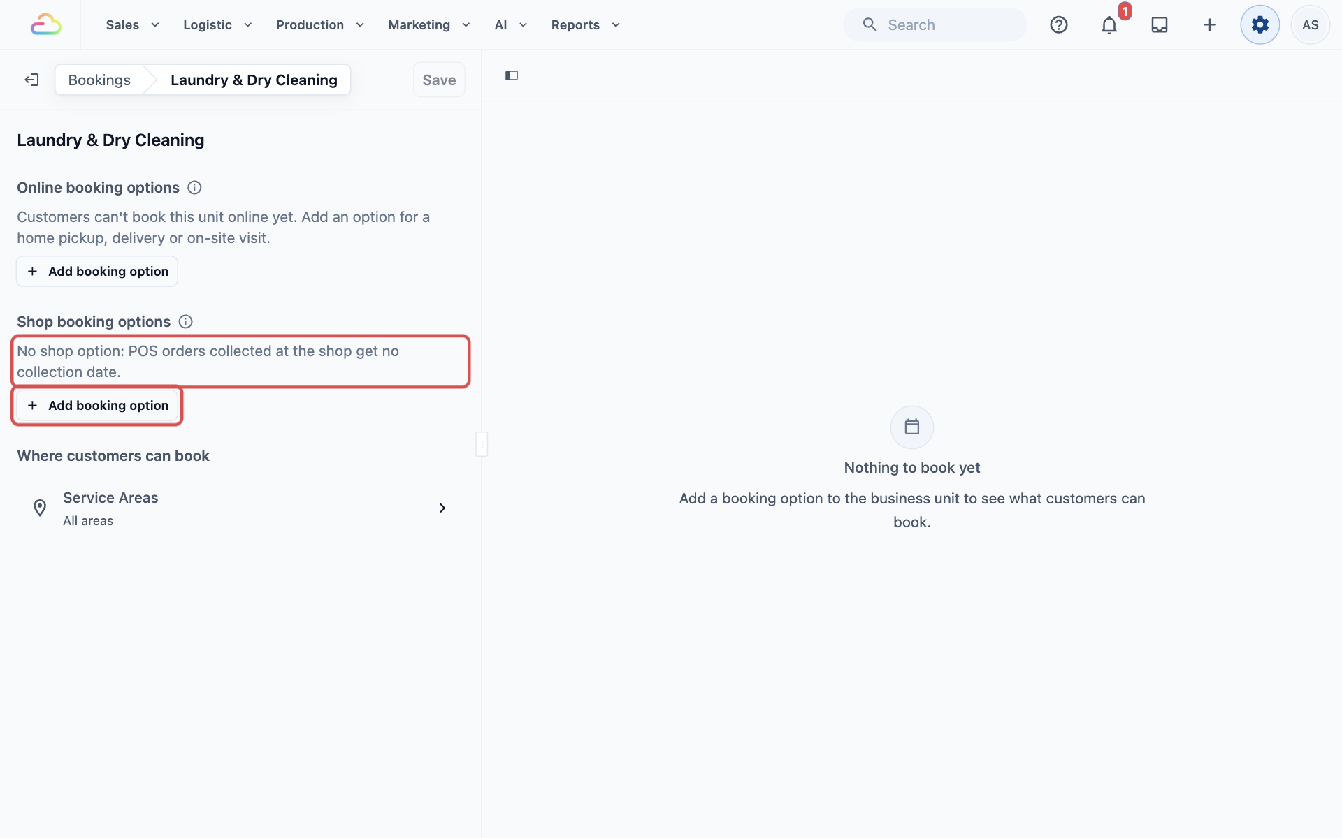 The Laundry &amp; Dry Cleaning page with the message "No shop option: POS orders collected at the shop get no collection date." and the Add booking option button under Shop booking options highlighted