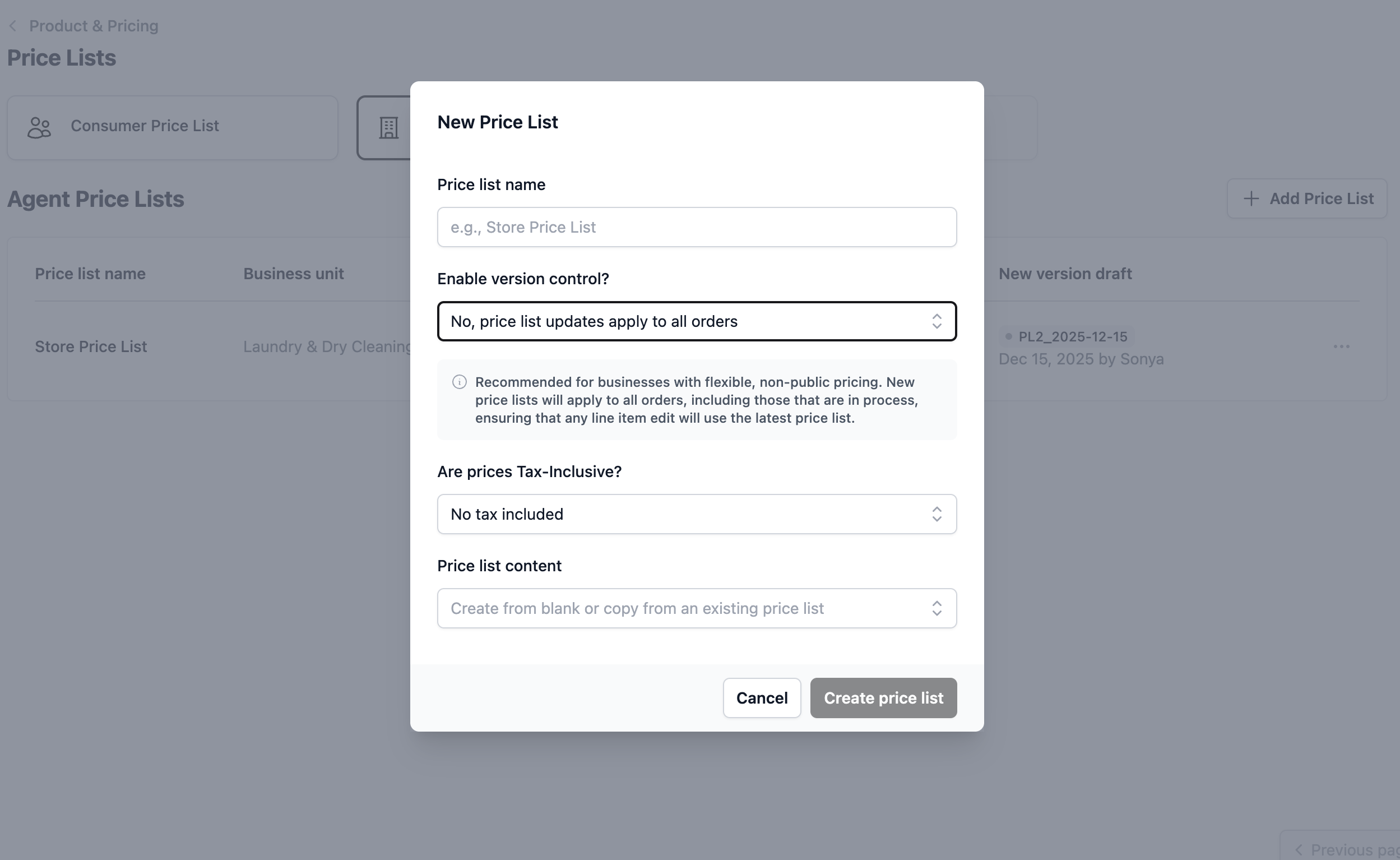 Price list content: To save time, select an existing list to copy its items. Leave this empty to build a brand-new price list from scratch.