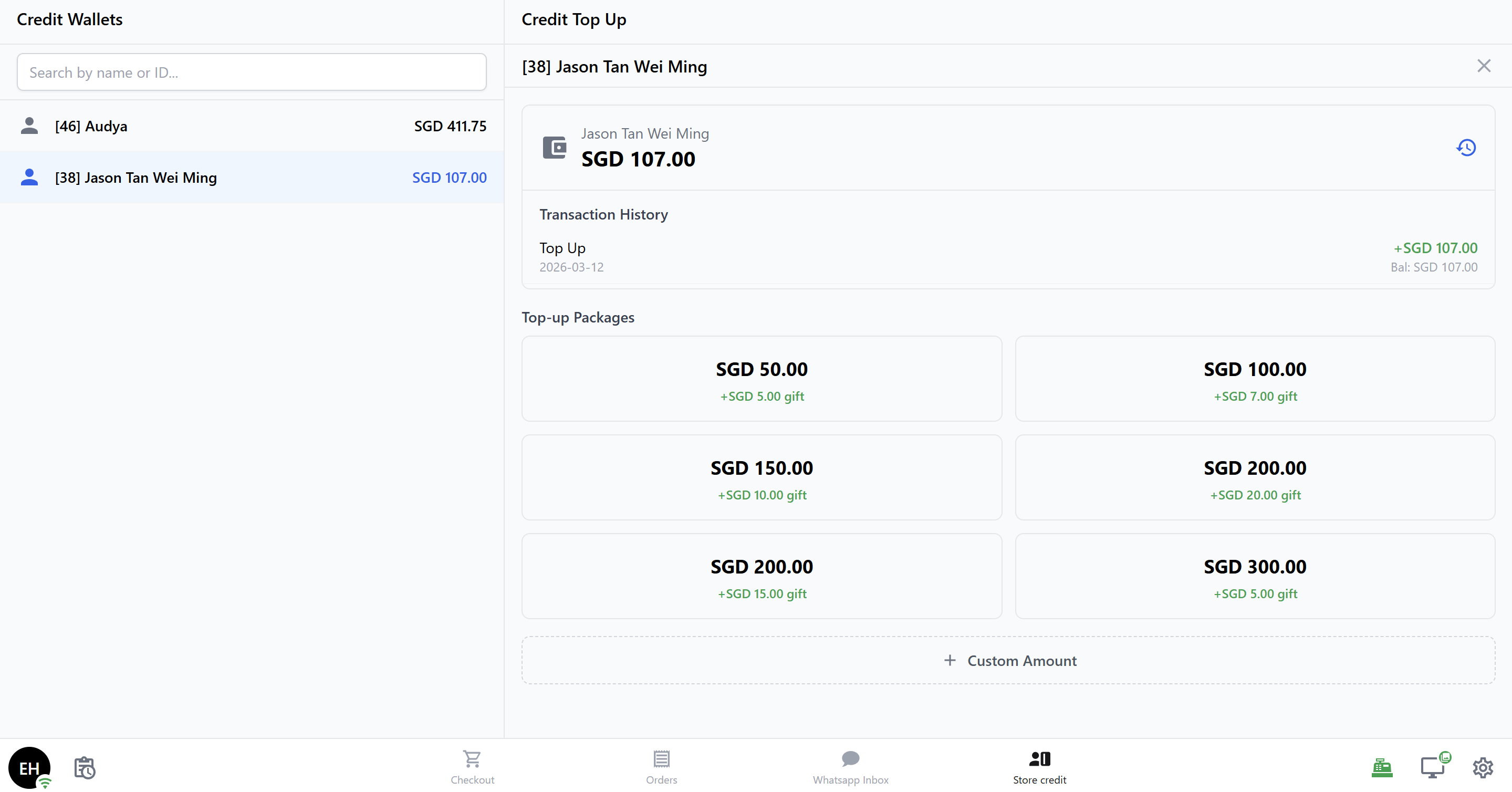 A history icon (clock) — tap it to see their full transaction history inline (top-ups, spends, refunds, with running balances)