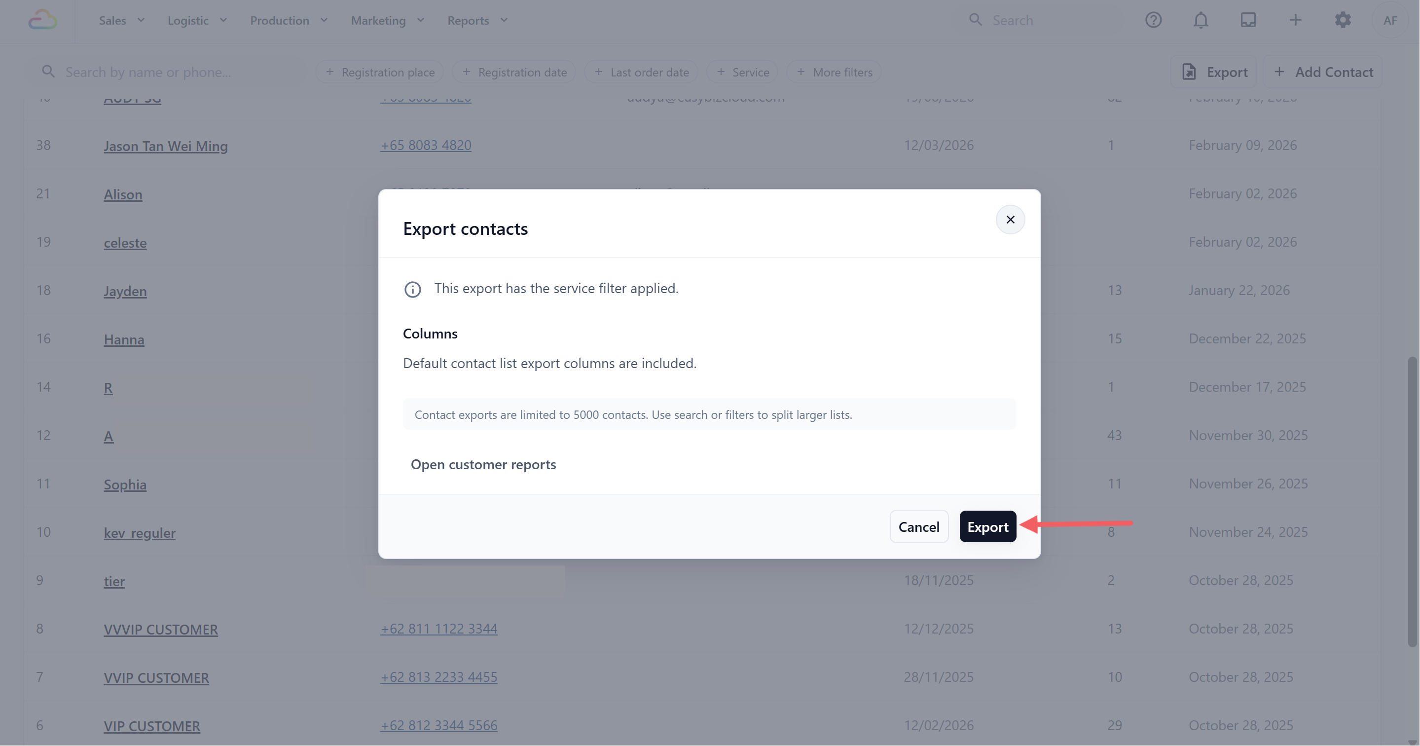 Export contacts window showing the active filters and Export button