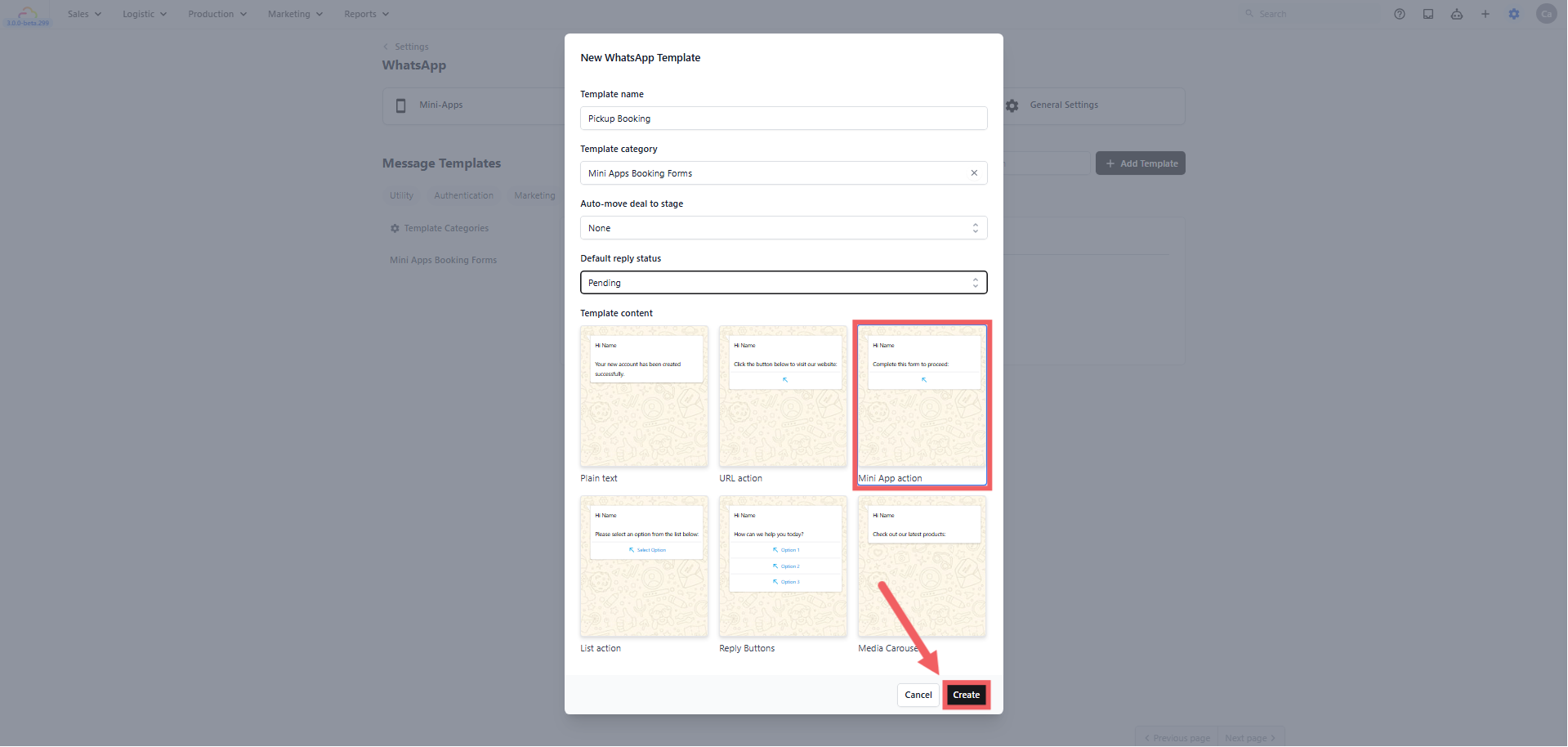 Click the Mini App action card, then click Create.