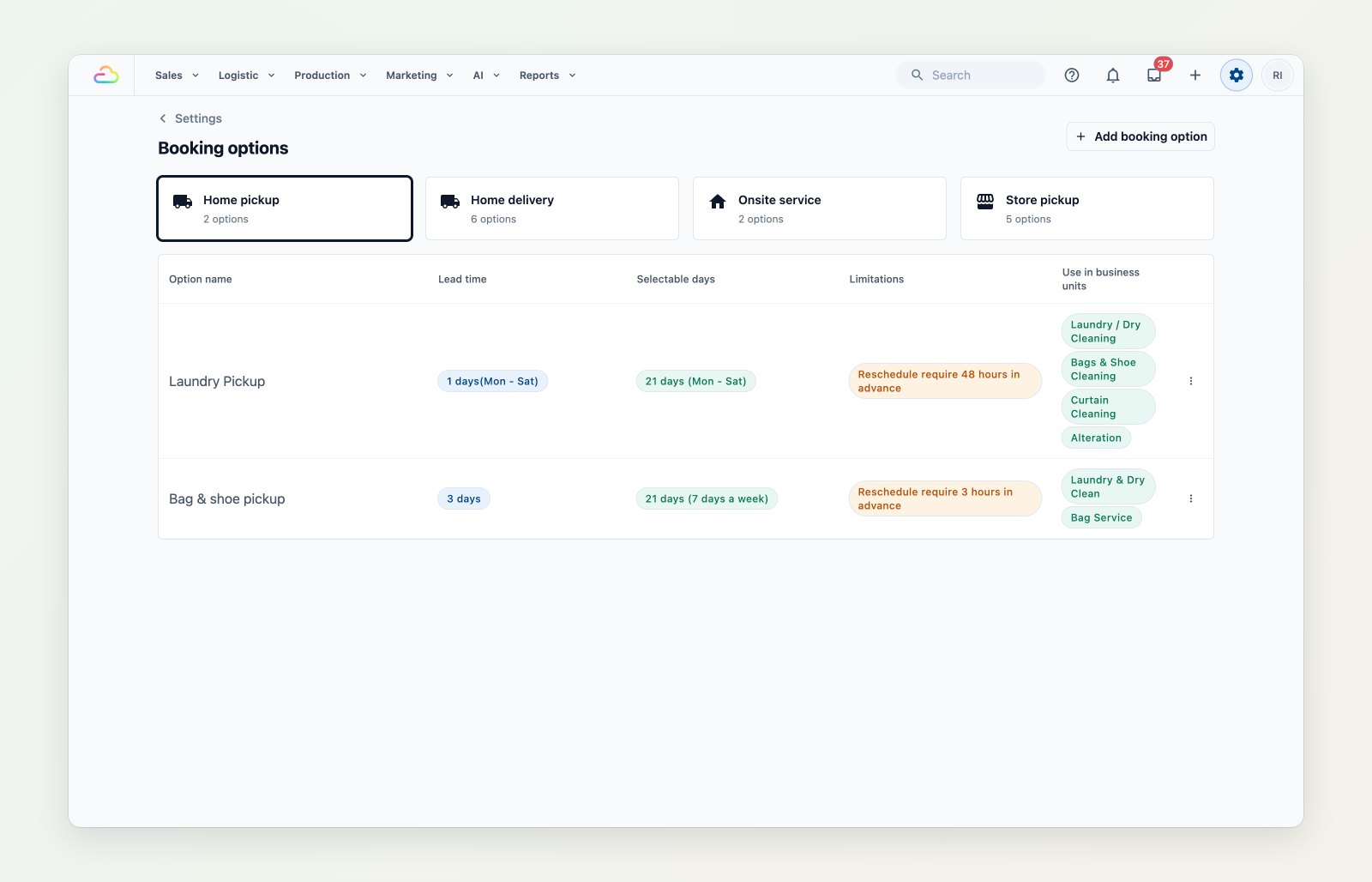 The booking options list grouped into home pickup, home delivery, on-site service and store pickup