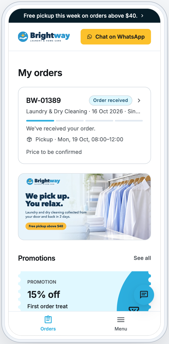 My orders on a phone, with a running order and a promotion card under it