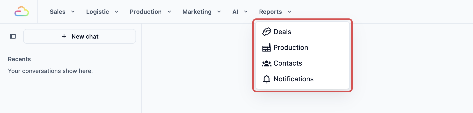 The Reports menu as a supervisor sees it, showing Deals, Production, Contacts and Notifications, with no Sales, Payments or Credits