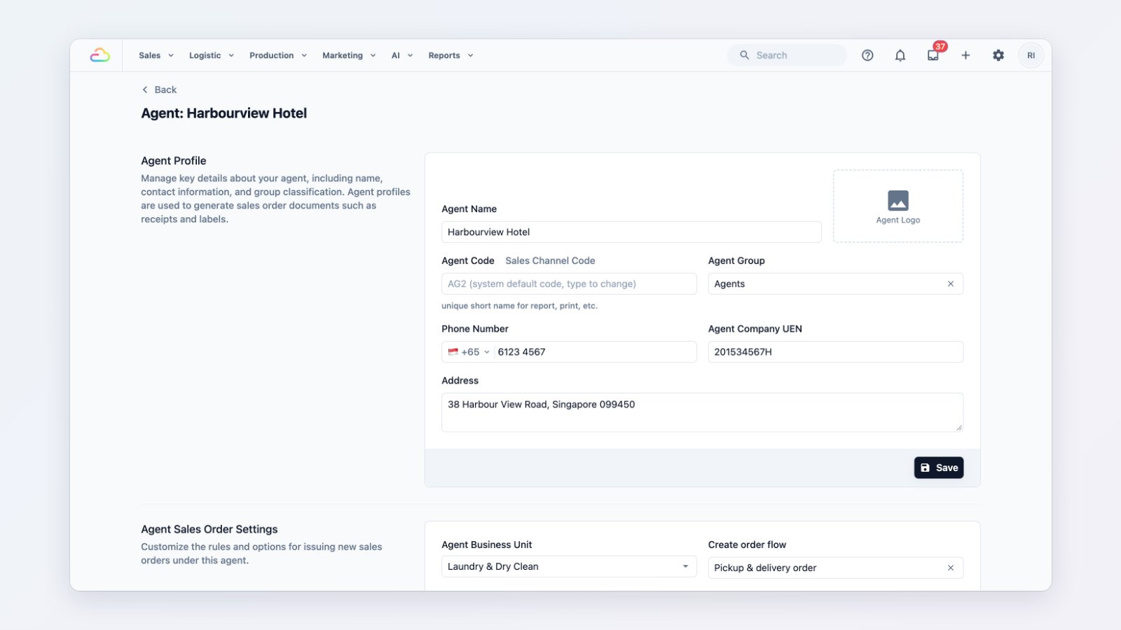 A B2B agent's page in EasyBiz Console with its price list, order settings and billing details