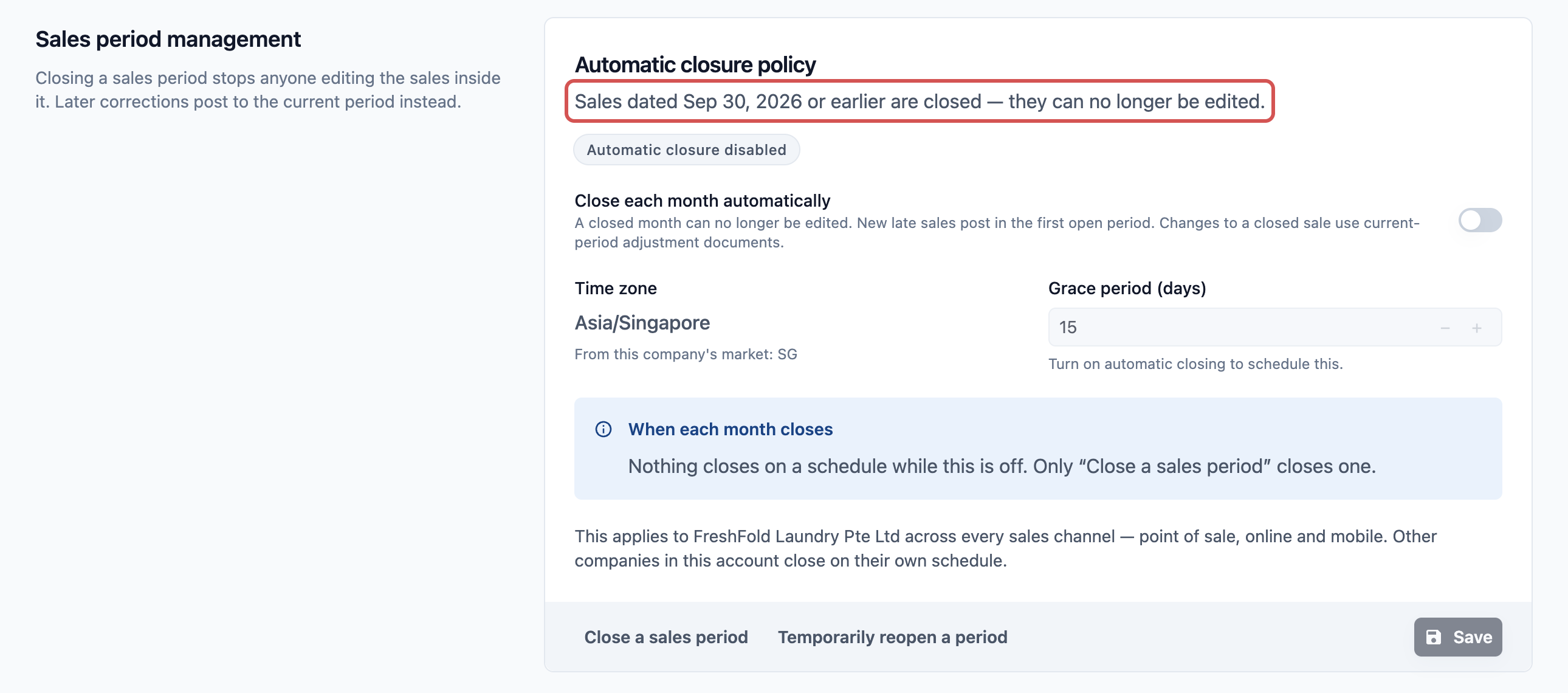 Sales period management with the top line Sales dated Sep 30, 2026 or earlier are closed marked