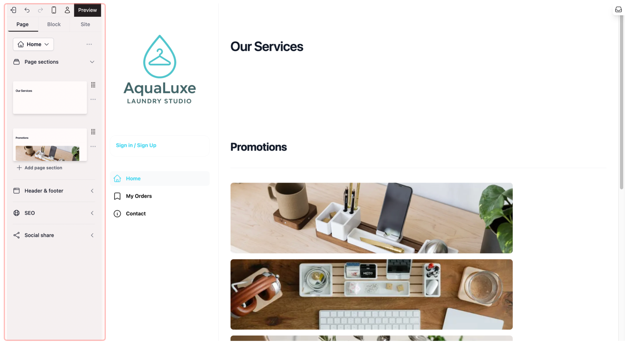 The Sidebar (Left Side): Think of this like the Insert &amp; Format panel in PowerPoint. This is where you find new text boxes, change colors, or add pages. It is organized into three tabs: Site, Page, and Block.