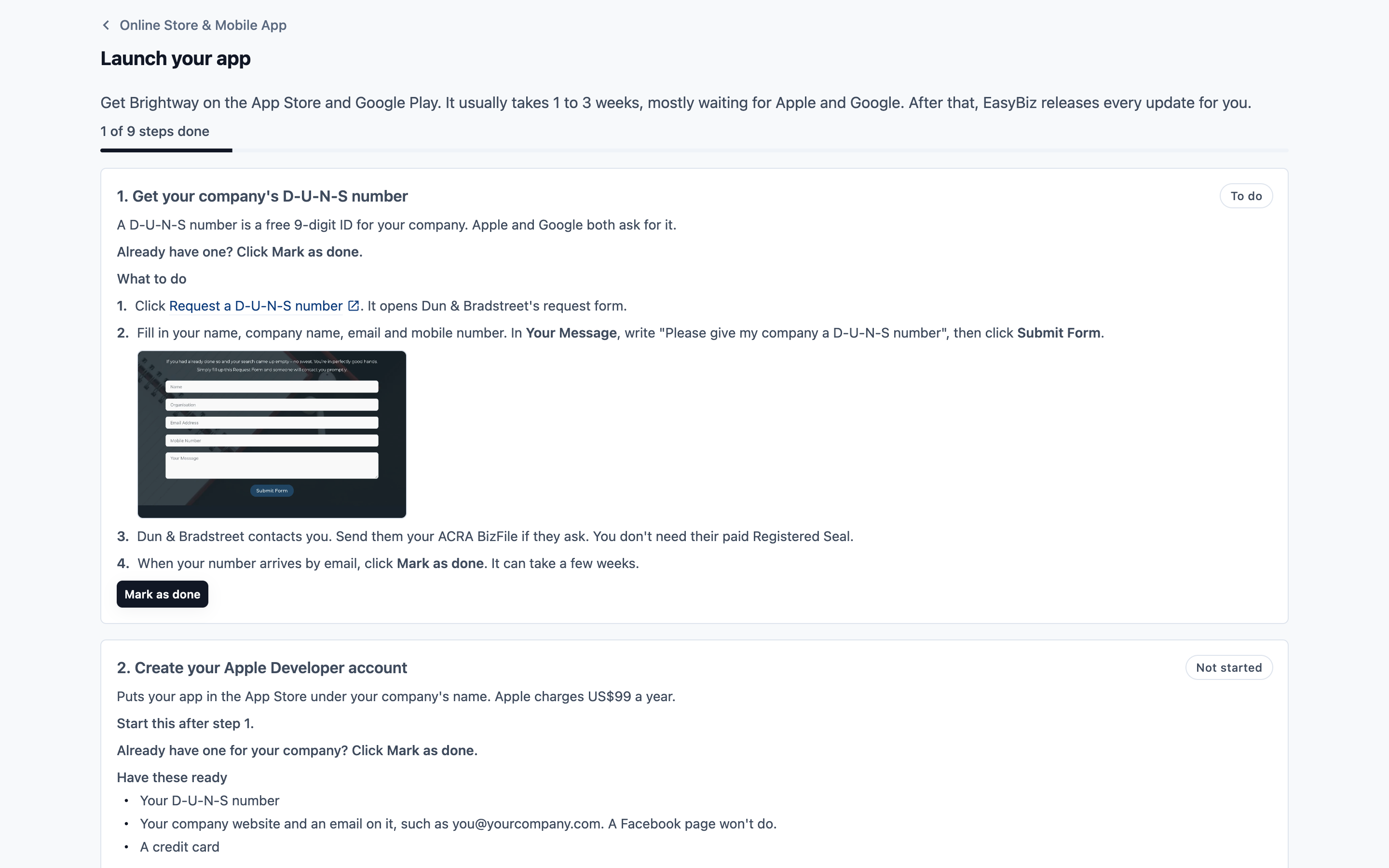 The Launch your app page with its progress and the first steps
