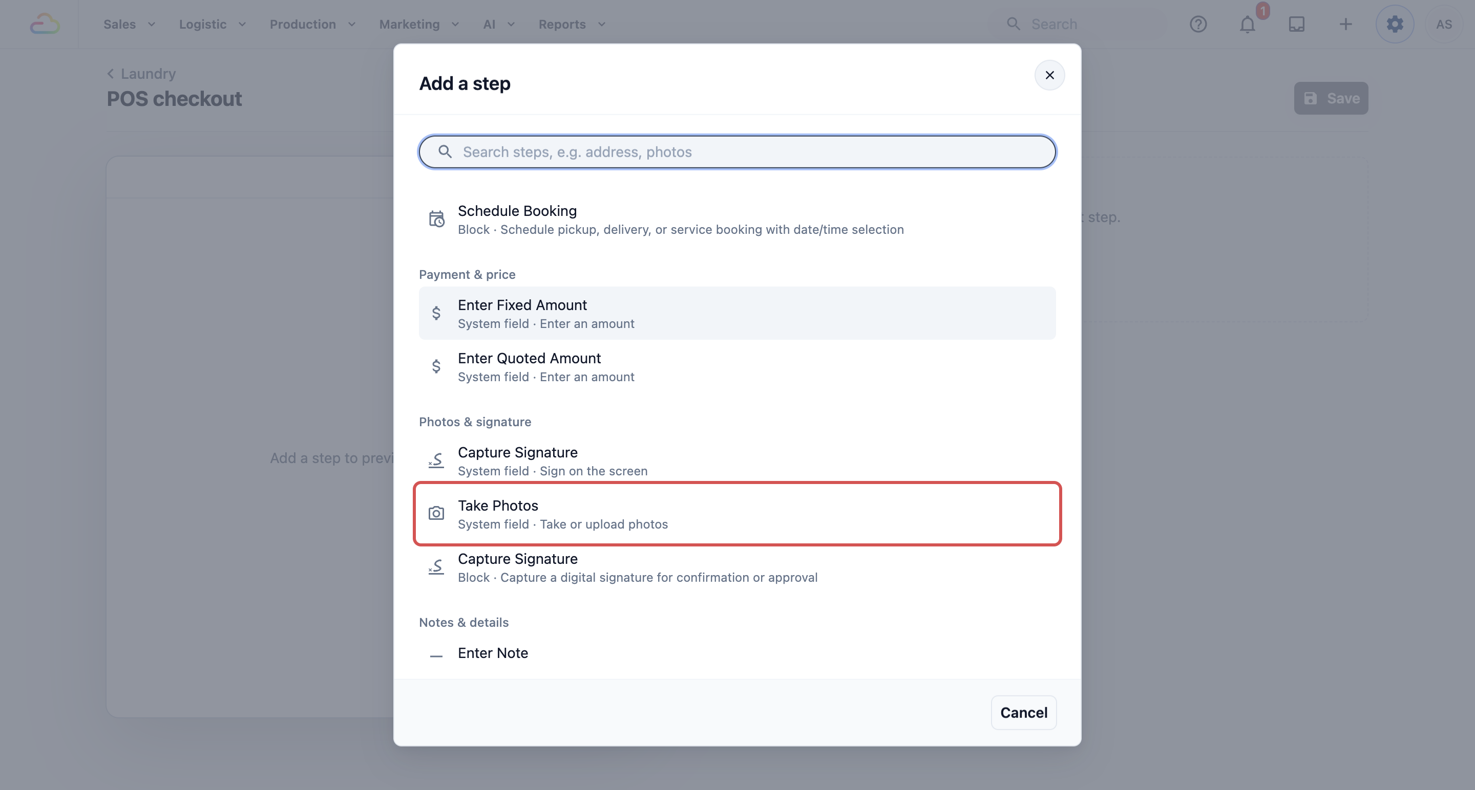 The Add a step window, with Take Photos marked in the Photos &amp; signature group