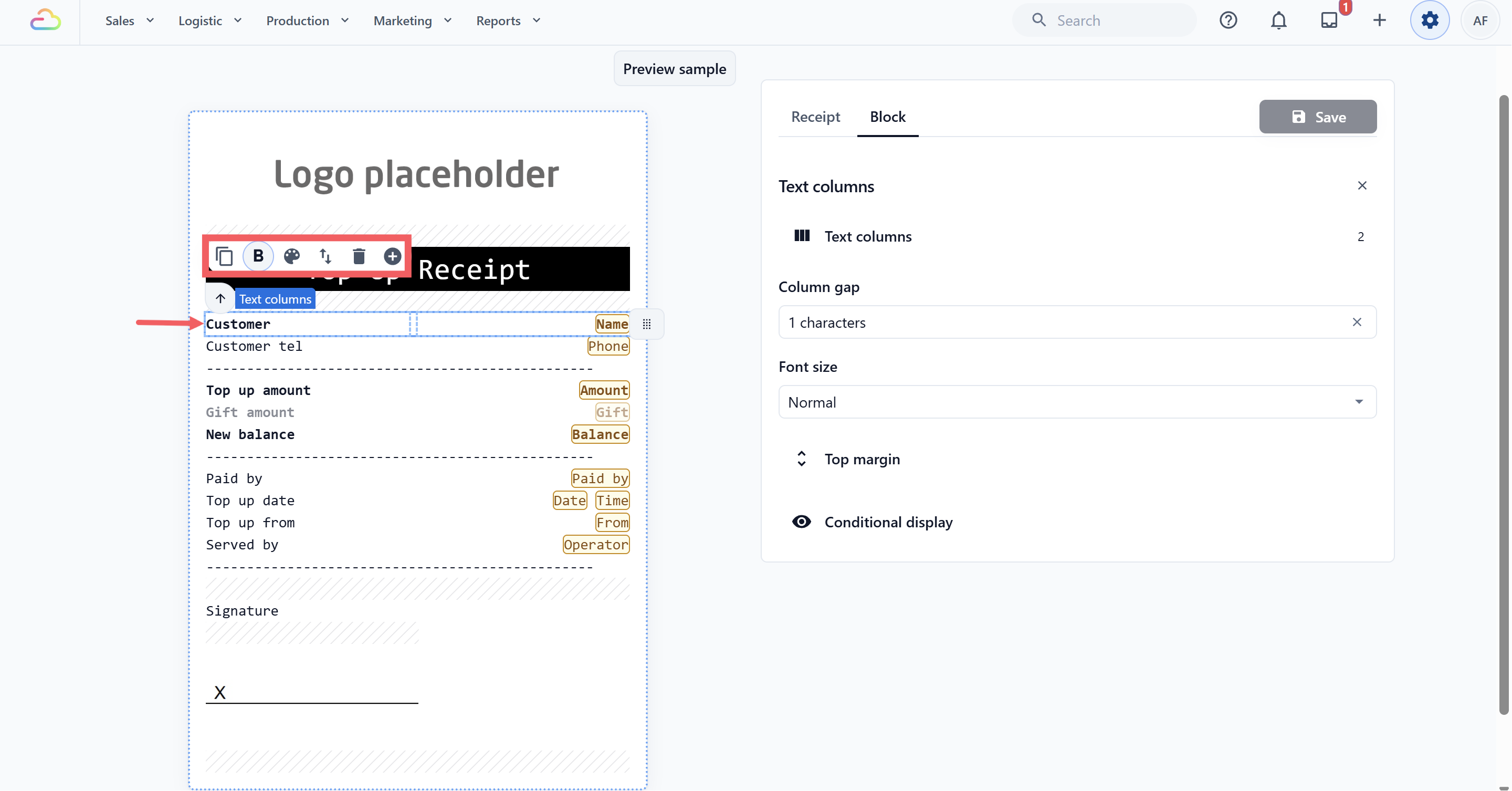 Click a block to change its wording, size, alignment, and spacing.