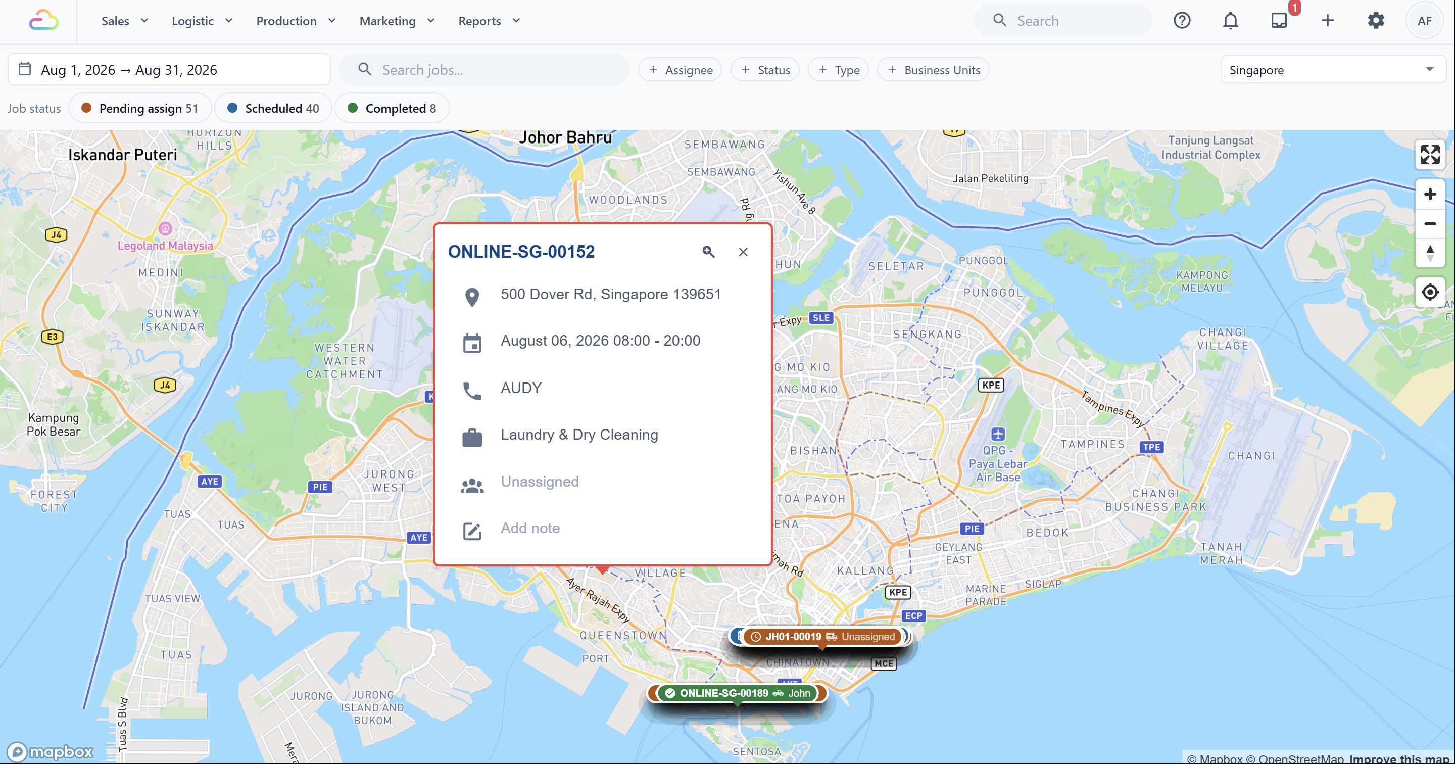 SCREENSHOT PLACEHOLDER — Job markers, status legend, driver marker, and one selected job detail panel