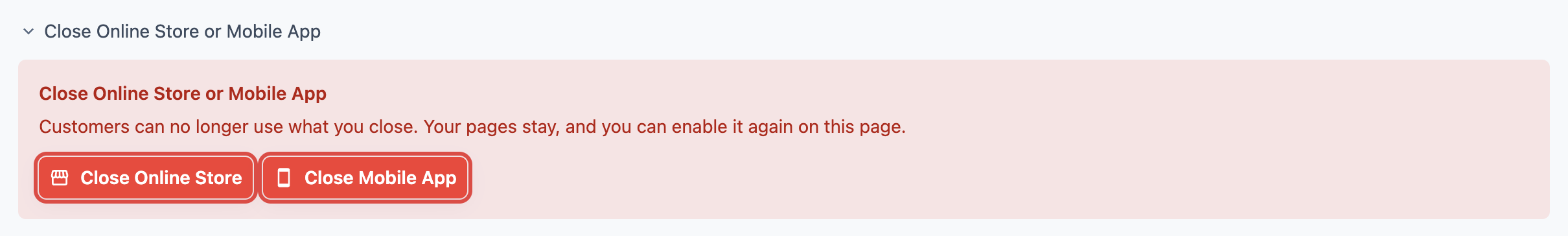 The Close Online Store or Mobile App panel opened under the store card