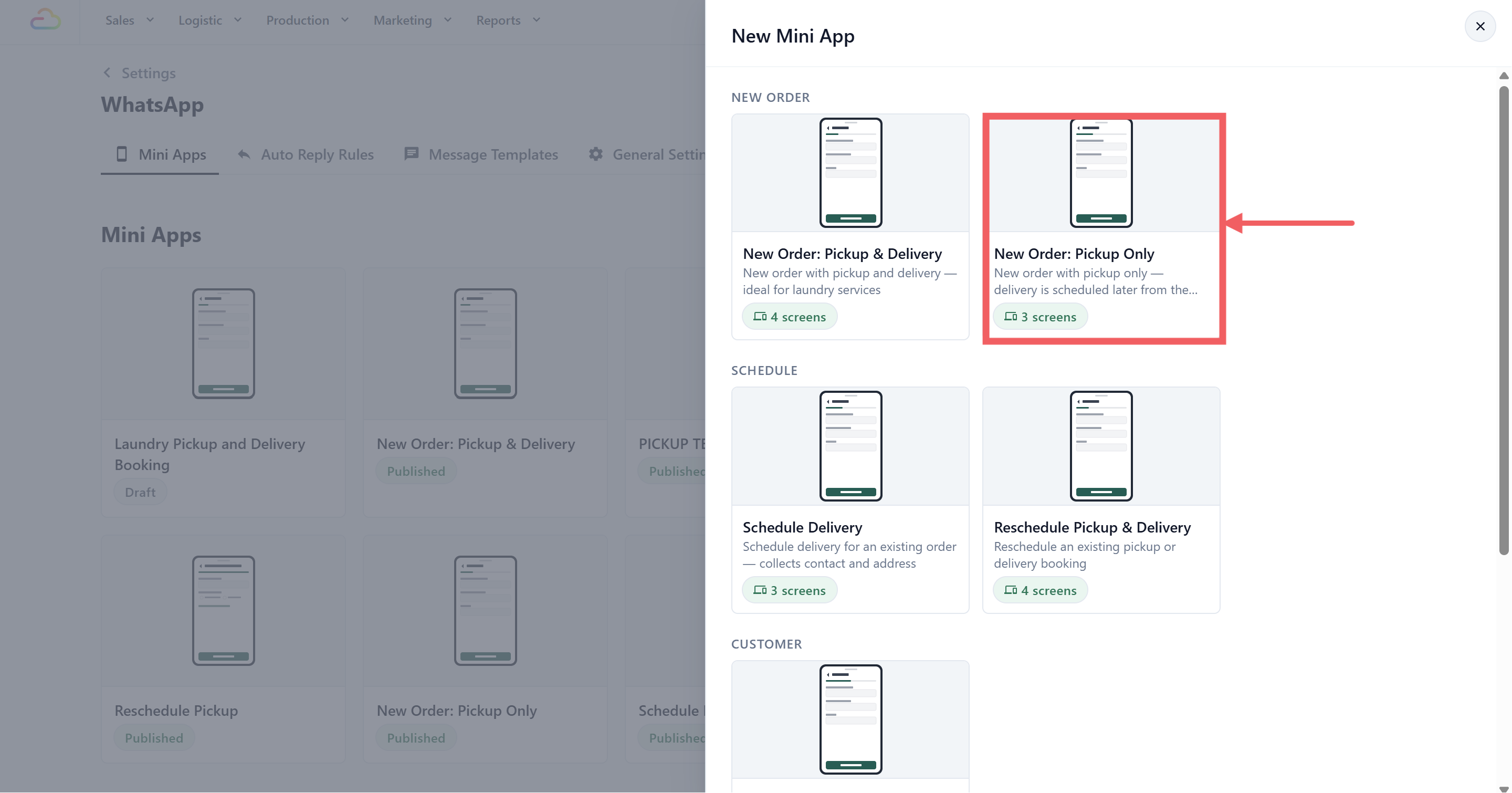 The New Mini App drawer with the New Order group visible and the New Order: Pickup Only card highlighted