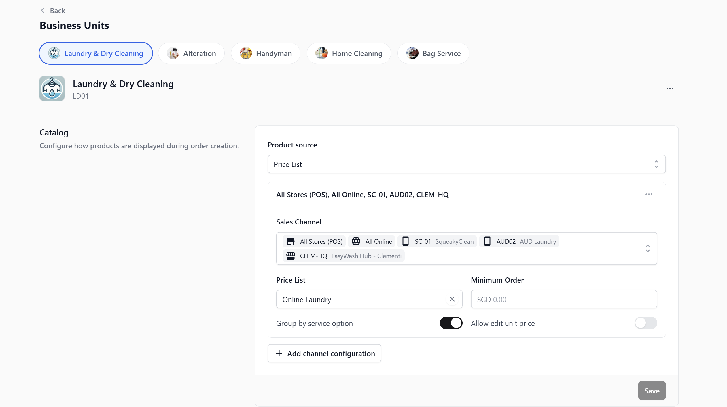Your Business Unit tells EasyBiz which operating model the POS is serving — for example, Laundry and Garment Care, Home Cleaning, or Bag Repair. It controls everything your POS needs: what items appear on the order screen, how orders are priced, what your receipts look like, and how orders flow from drop-off to completion.