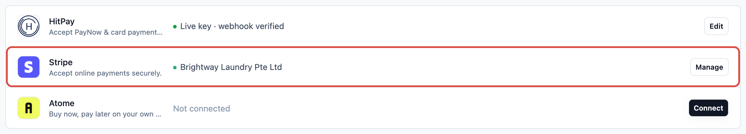 The Stripe row on the Integrations page, with the Connect button