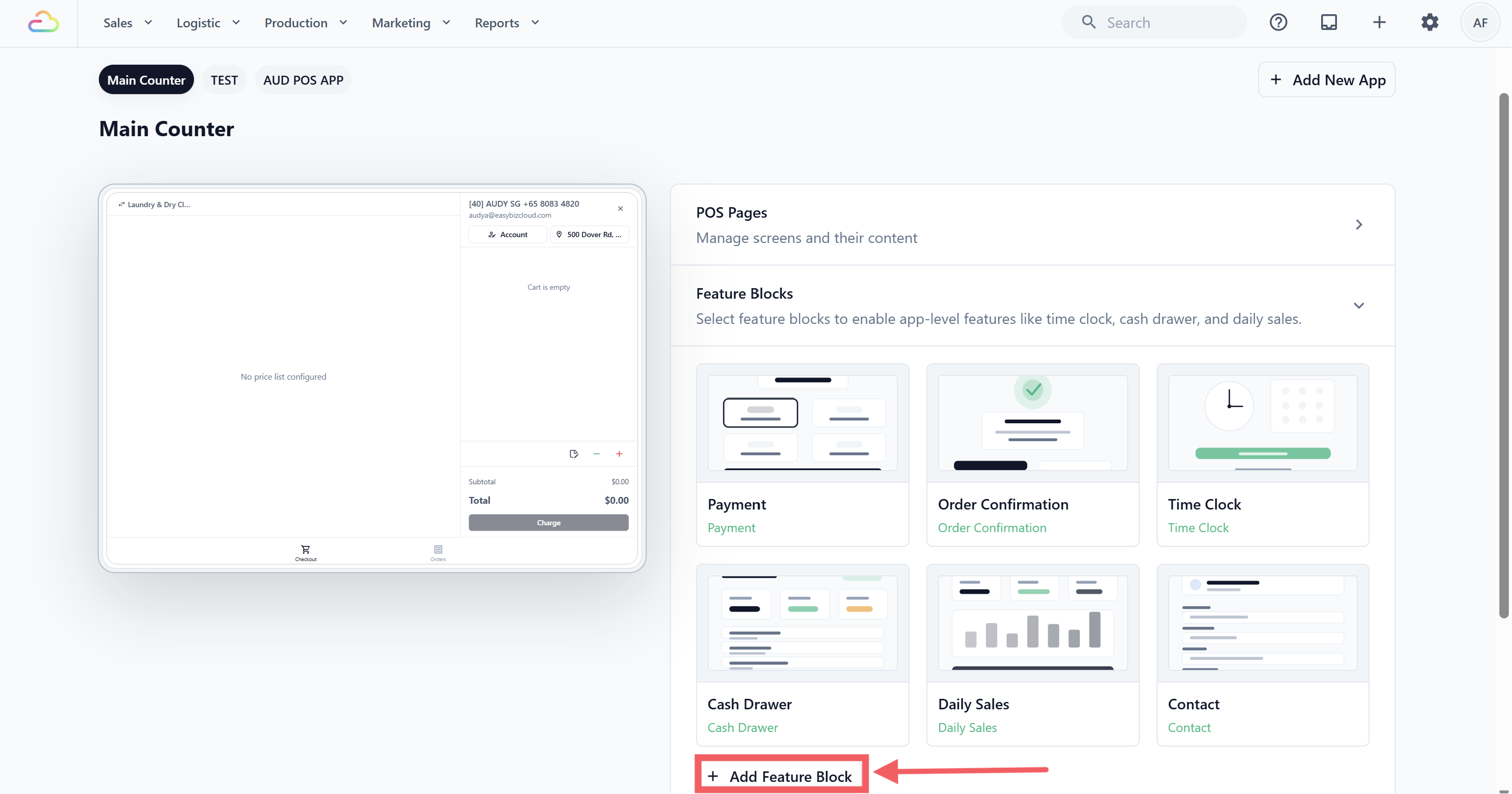 In the right-hand panel, click Feature Blocks to expand the section.