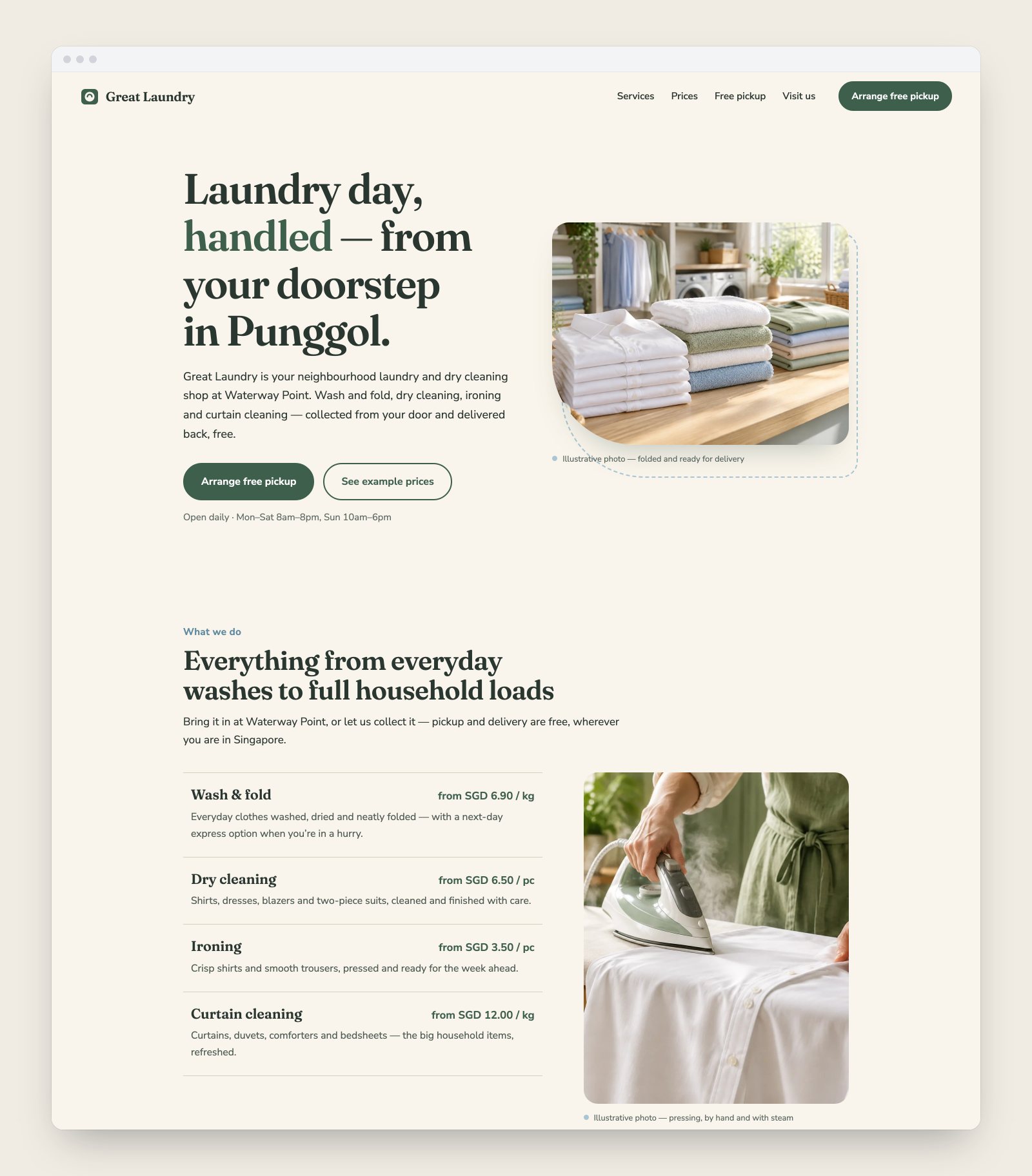 A laundry landing page with services, prices and free pickup, made by Marketing Studio