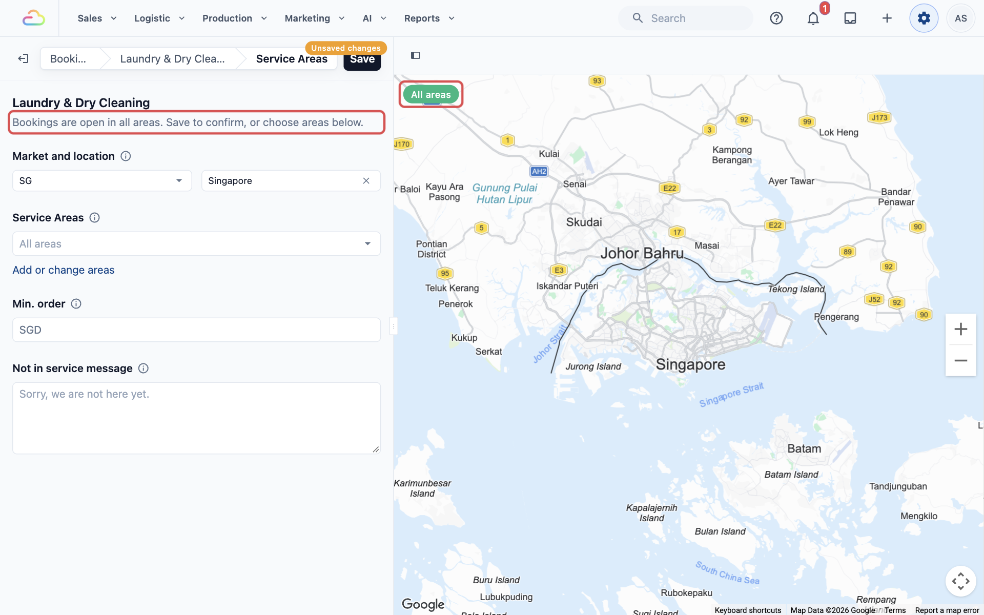 The Service Areas page for Laundry &amp; Dry Cleaning before anything is saved, with the note "Bookings are open in all areas. Save to confirm, or choose areas below." and the "All areas" label on the map