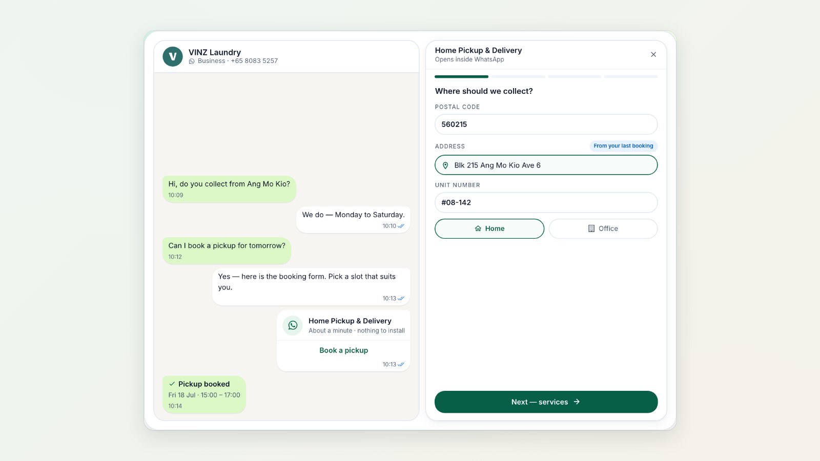 A customer chatting with a laundry business on its own WhatsApp Business number
