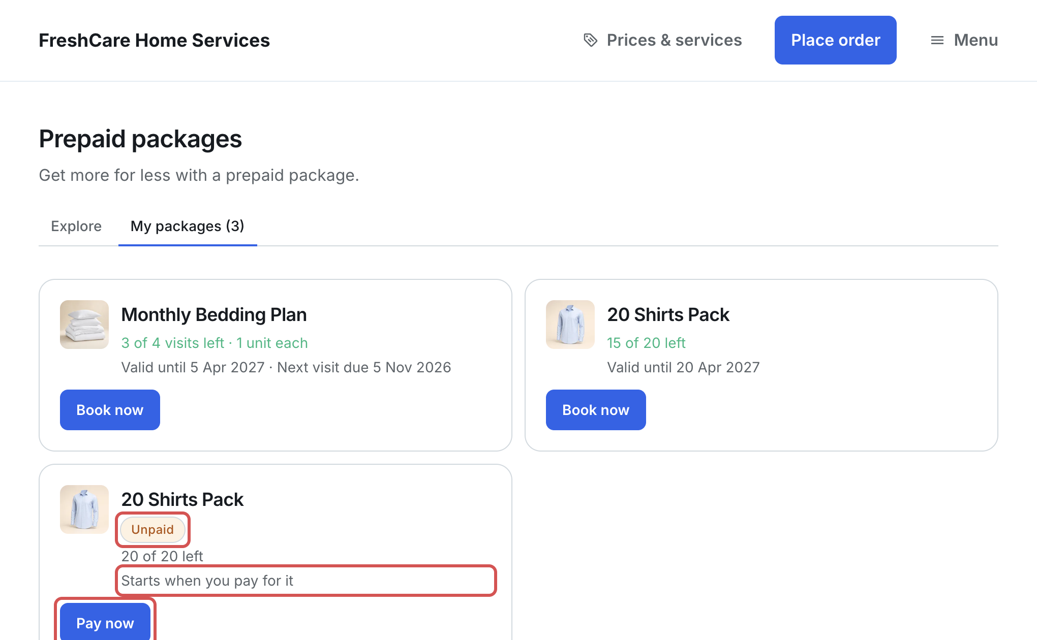 My packages on the Online Store: a newly bought 20 Shirts Pack card with the Unpaid label, "Starts when you pay for it" and the Pay now button marked