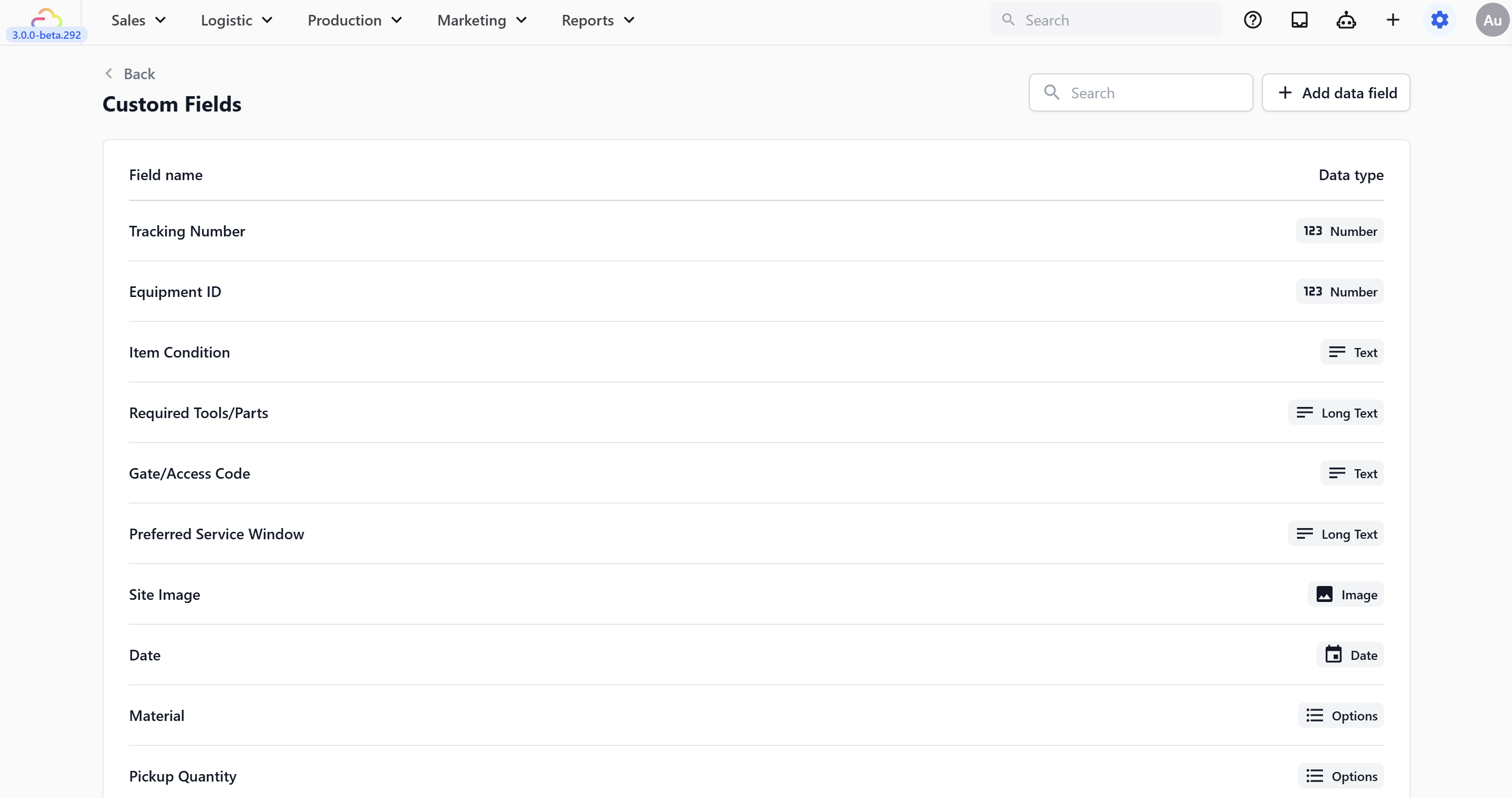 You'll see a table listing all your existing data fields, with two columns: Field name and Data type.