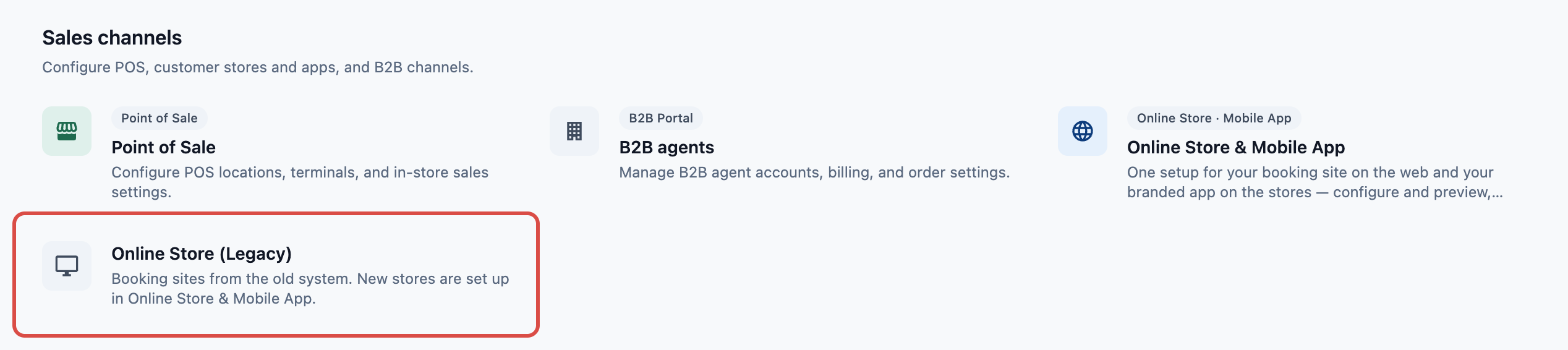 Settings with the Online Store (Legacy) card under Deprecated