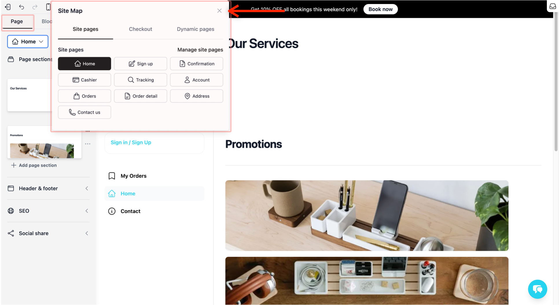 In the Visual Builder, go to the Page Tab. Click on the first button (which shows your current page name) to open the Site Map.