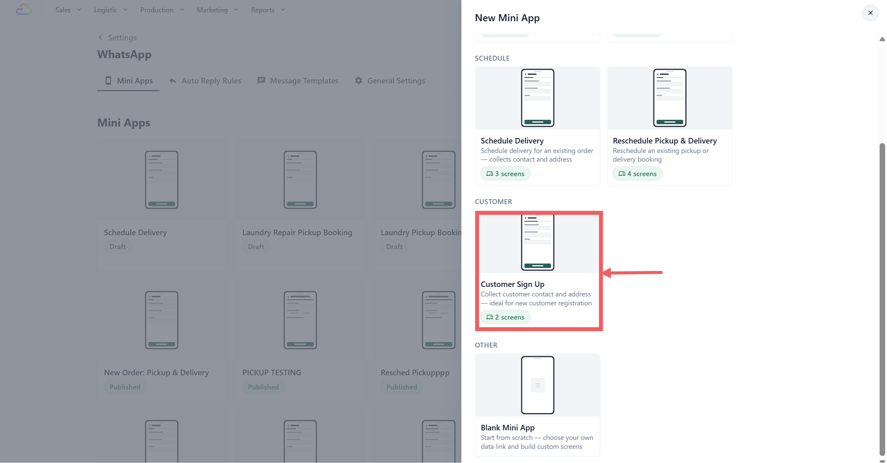 The New Mini App drawer with the Customer group visible and the Customer Sign Up card highlighted