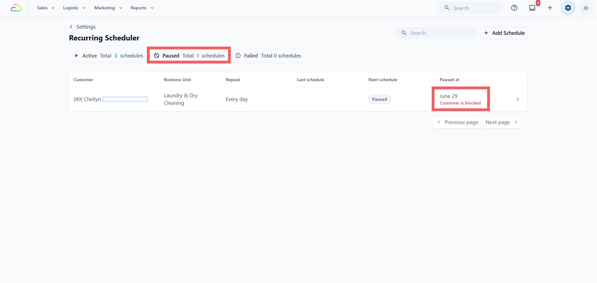 A blocked customer pauses the whole schedule. EasyBiz stops creating their orders entirely until you unblock them and start the schedule again.