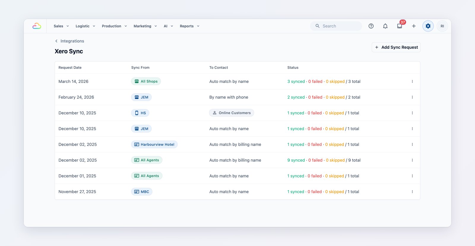 The Xero sync history listing each sync with its date range, status and result