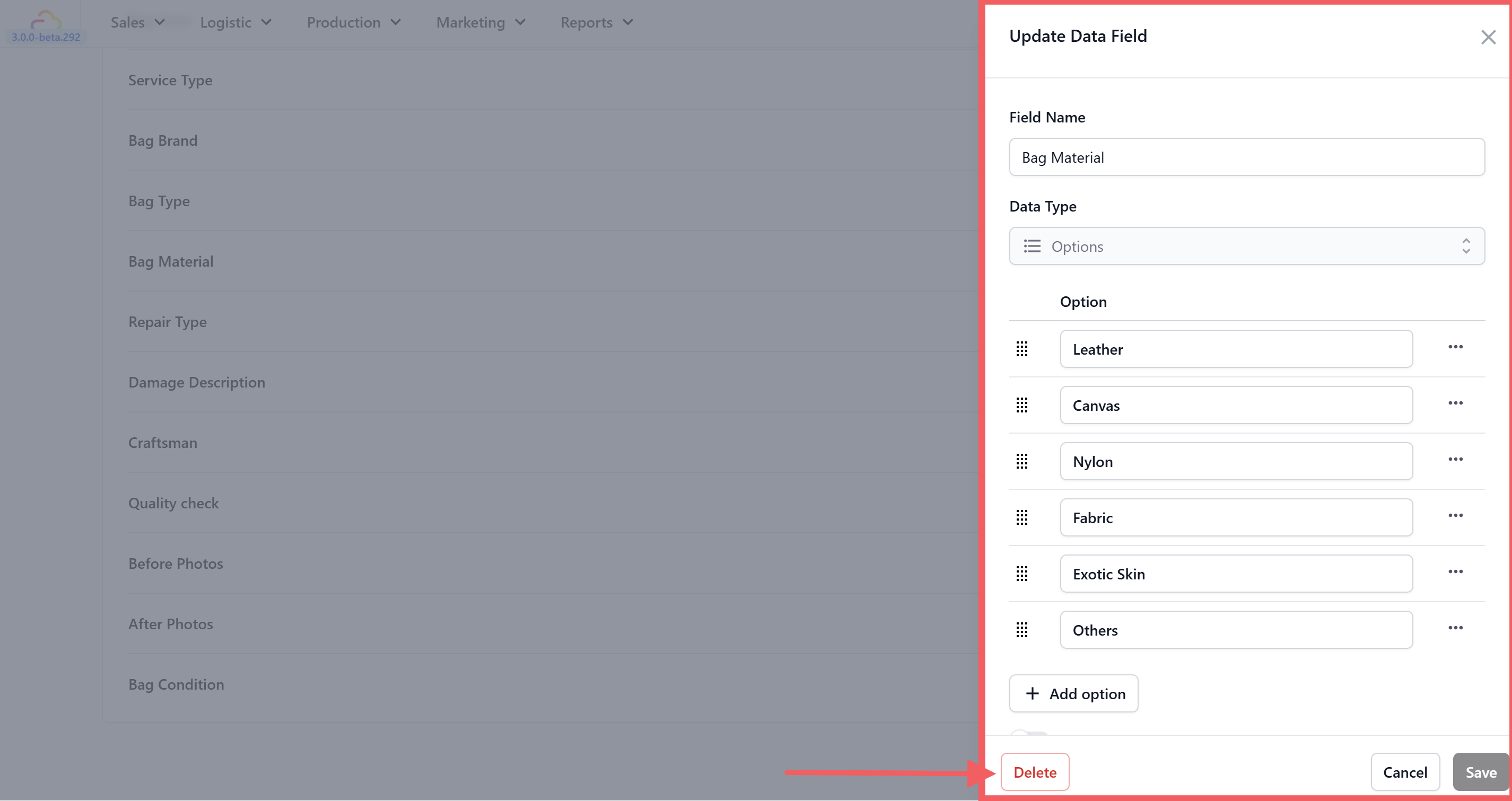 Delete — Click the red Delete button at the bottom-left of the panel to permanently remove the field.