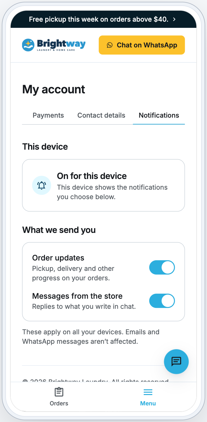 My account › Notifications on a phone: This device on, and the Order updates and Messages from switches