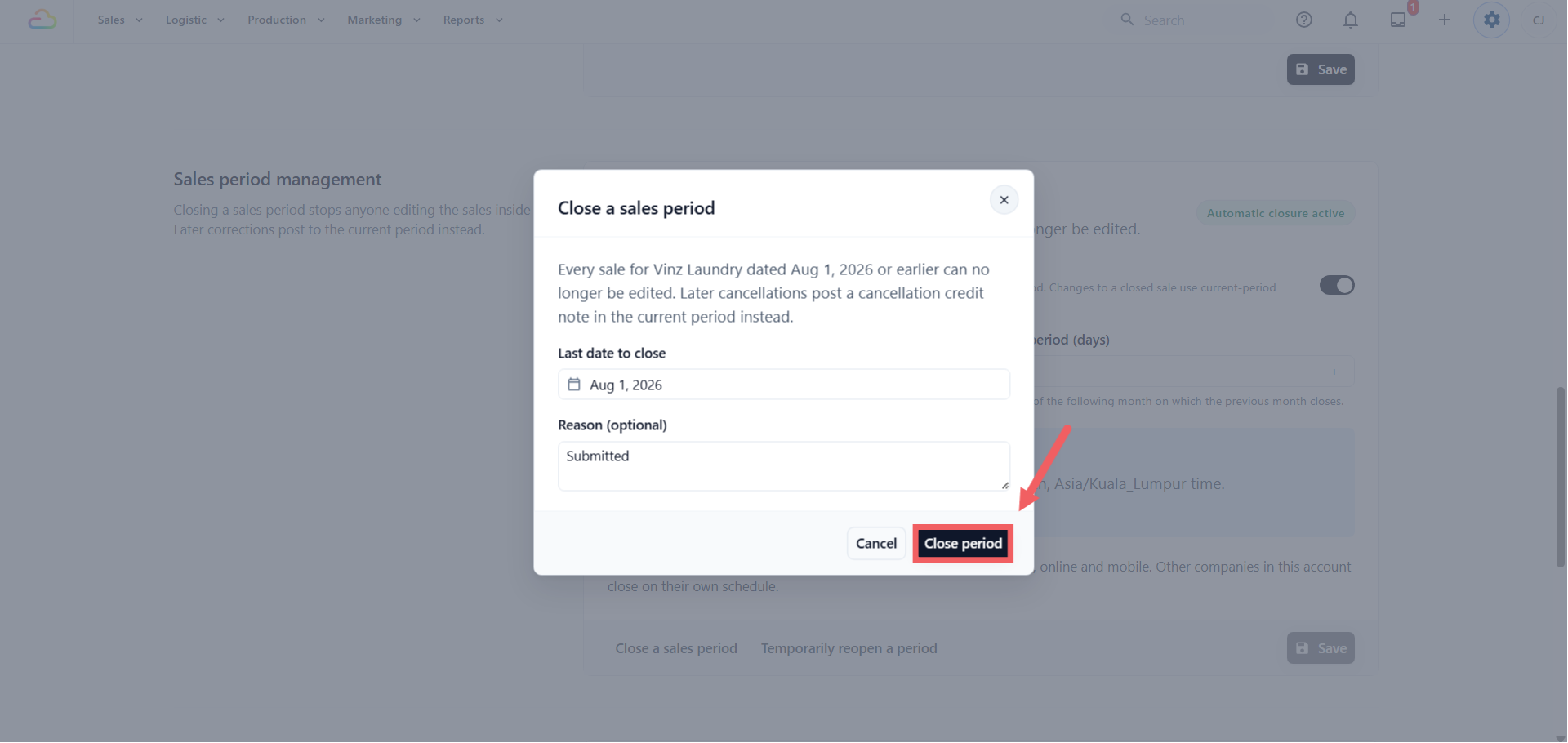 Closing a sales period