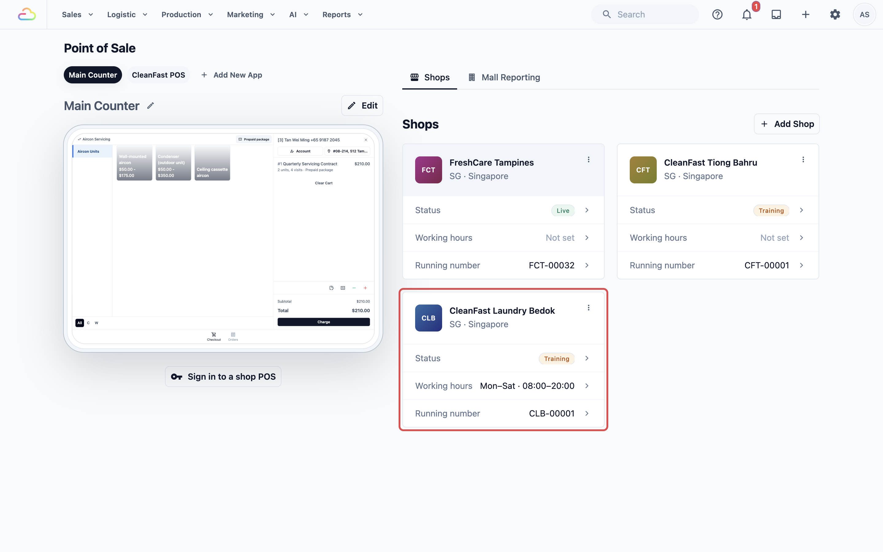 The Shops page shows your POS shops as cards. Each card shows the shop code badge, the shop name, its market and city, and three rows: Status, Working hours, and Running number.