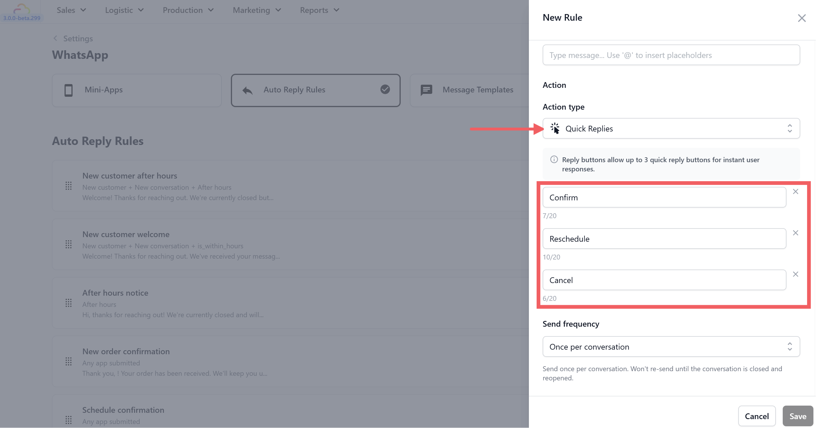 Quick Replies — Shows up to 3 tappable buttons below your message. When the customer taps one, it sends that button's label back to you as their reply. Good for simple yes/no options or short menus.