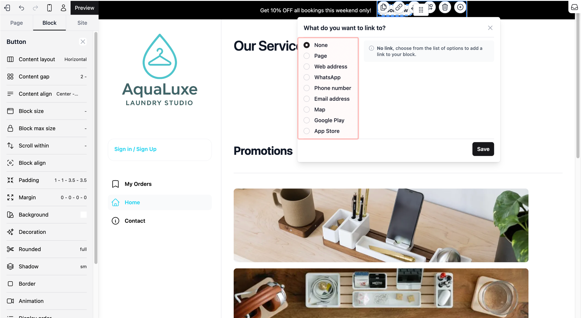 Choose Your Link Type: A window will pop up. On the left side of the window, you can choose where the button leads (like a phone number, email, or another page). For this demo, we will link the button to your Booking Page.
