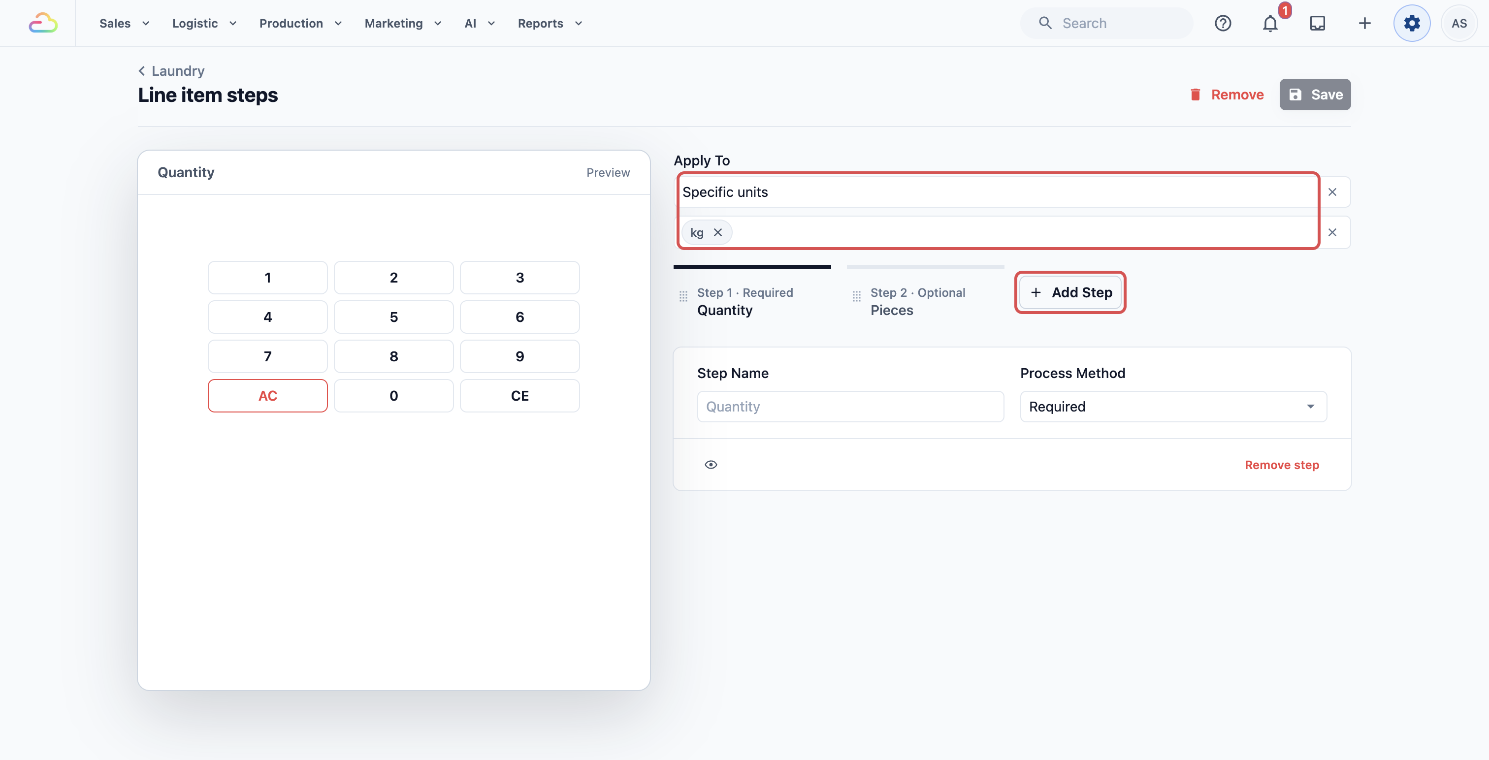 The Line item steps page with Apply To set to Specific units, kg selected, and the Add Step button