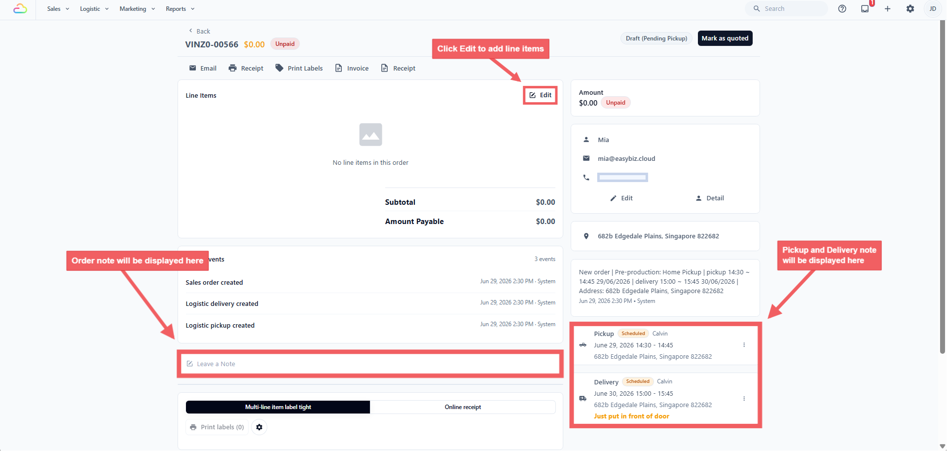 Each order EasyBiz creates starts empty, with no items. It carries the customer, address, pickup or delivery job, your notes, and the payment and assignment defaults, but your staff add the actual laundry or repair items when the customer's things arrive.
