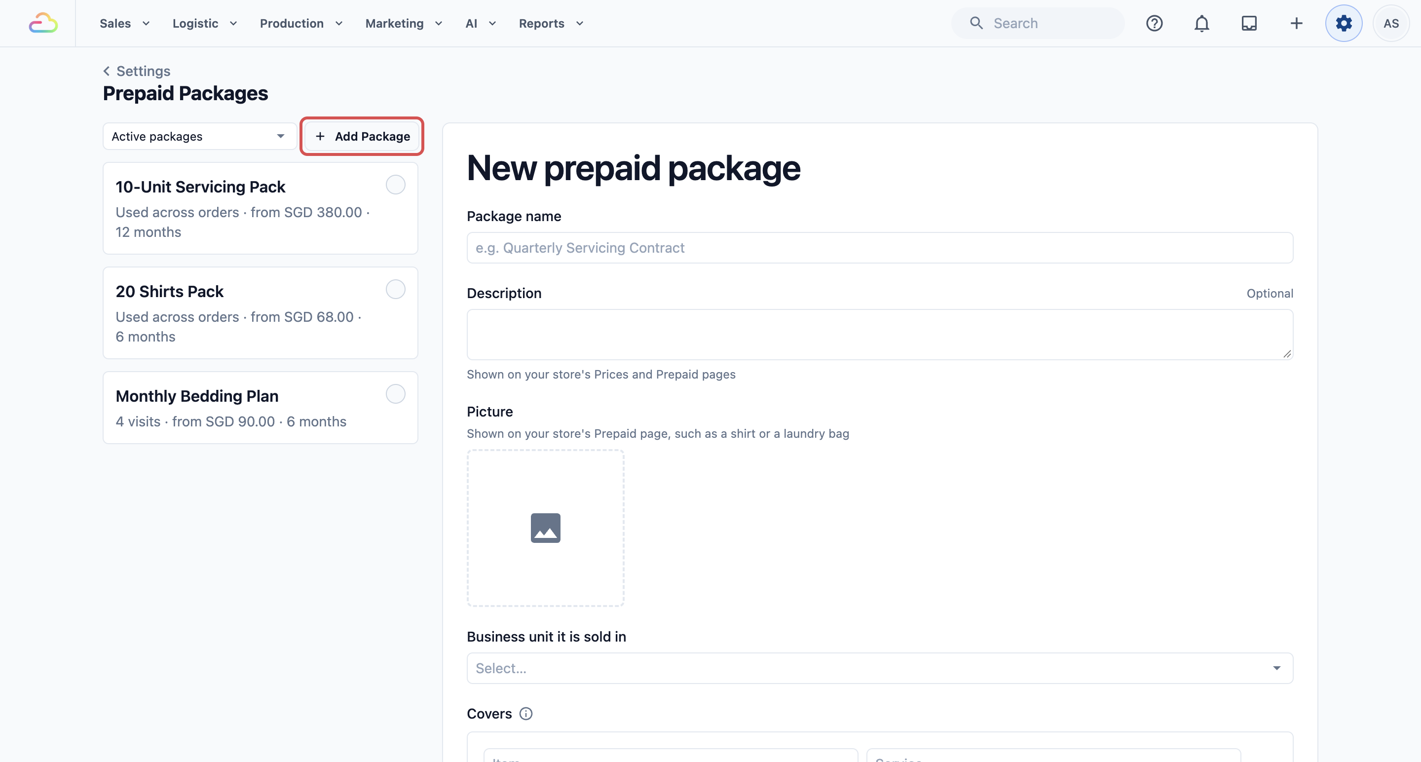 Settings › Prepaid Packages with three packages in the Active packages list and an empty New prepaid package form, with Add Package marked